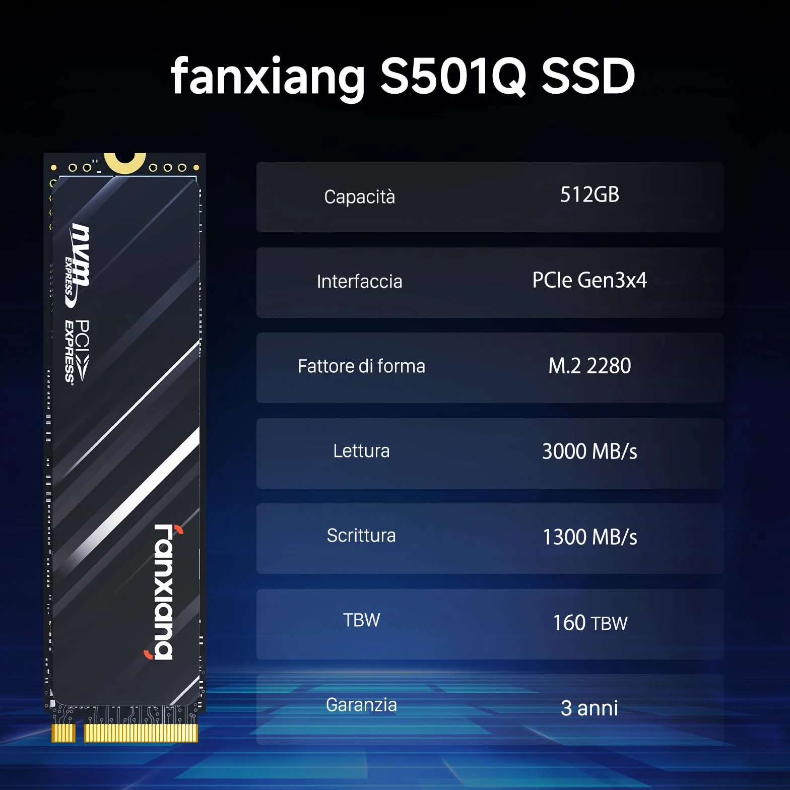 fanxiang SSD 512GB NVMe M.2 - PCIe Gen3 fino a 3000MB/s in lettura- Unità a Stato Solido Interno Compatibile con Notebook e PC Desktop - S501Q