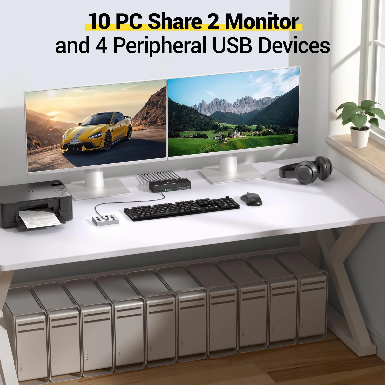 10 Porte HDMI KVM Switch 2 Monitor 10 PC 4K@60Hz Simulazione EDID, 2 Monitor KVM Switch 10 PC con 4 porte USB 3.0, Audio RS232, con Controller 12V Power, Telecomando con Cavo e 10 Cavi USB
