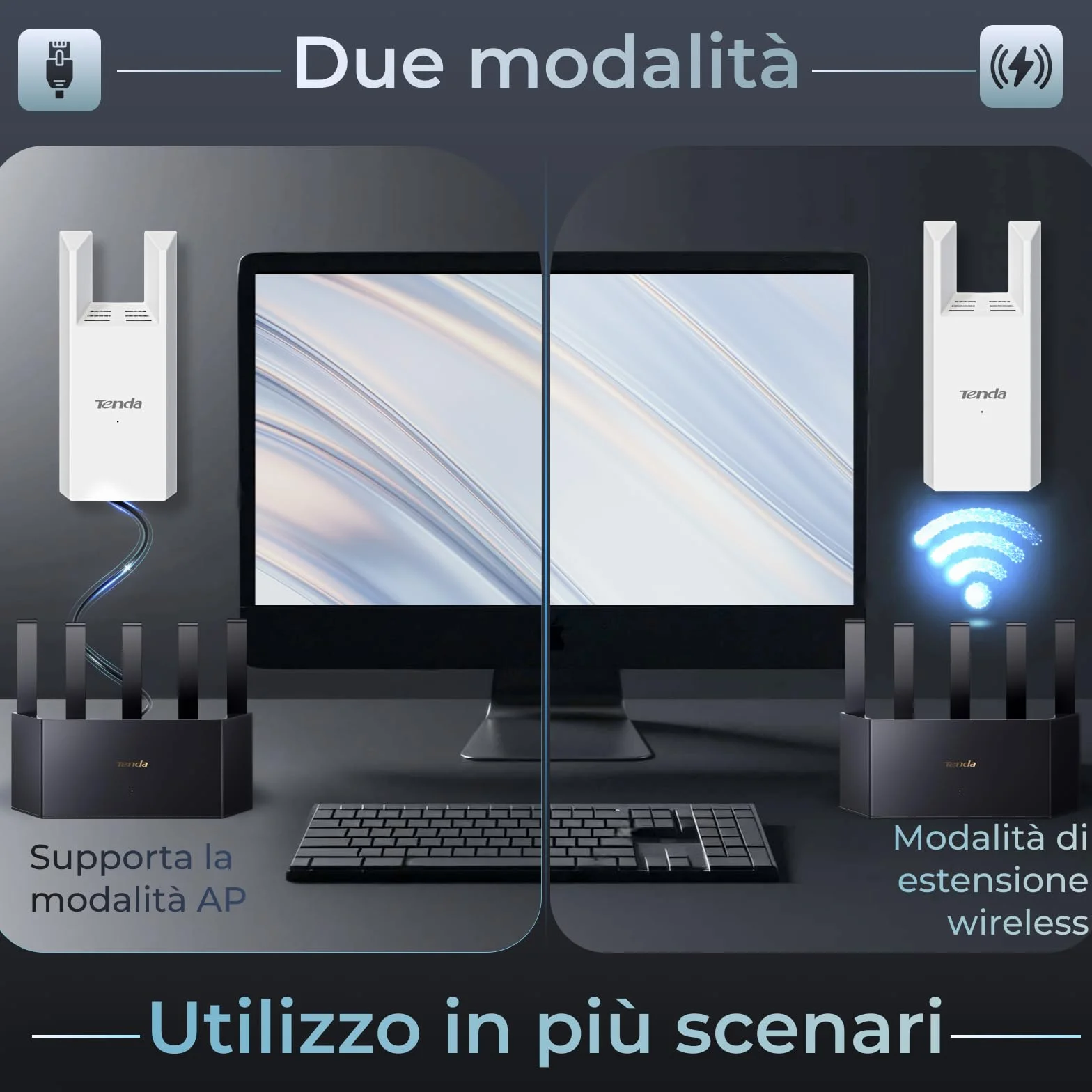 Tenda Ripetitore WiFi AC1200, Amplificatore Dual Band con Porta Ethernet, WiFi Extender e Access Point, Copertura fino a 150 m², Indicatore LED, WPS, Controllo da App(A18)