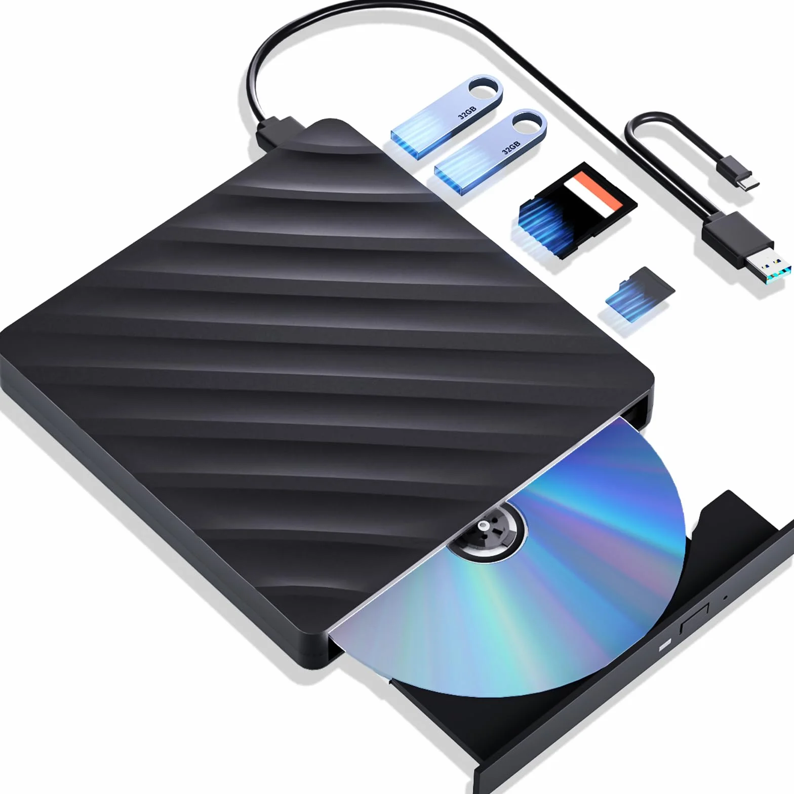 Wbacon Lettore Blu Ray esterno, 5 in 1, lettore Blu Ray portatile con USB 3.0 di tipo C, masterizzatore CD DVD 3D Blu Ray con porta SD/TF, lettore Blu Ray compatibile con Windows Laptop Desktop (5 in