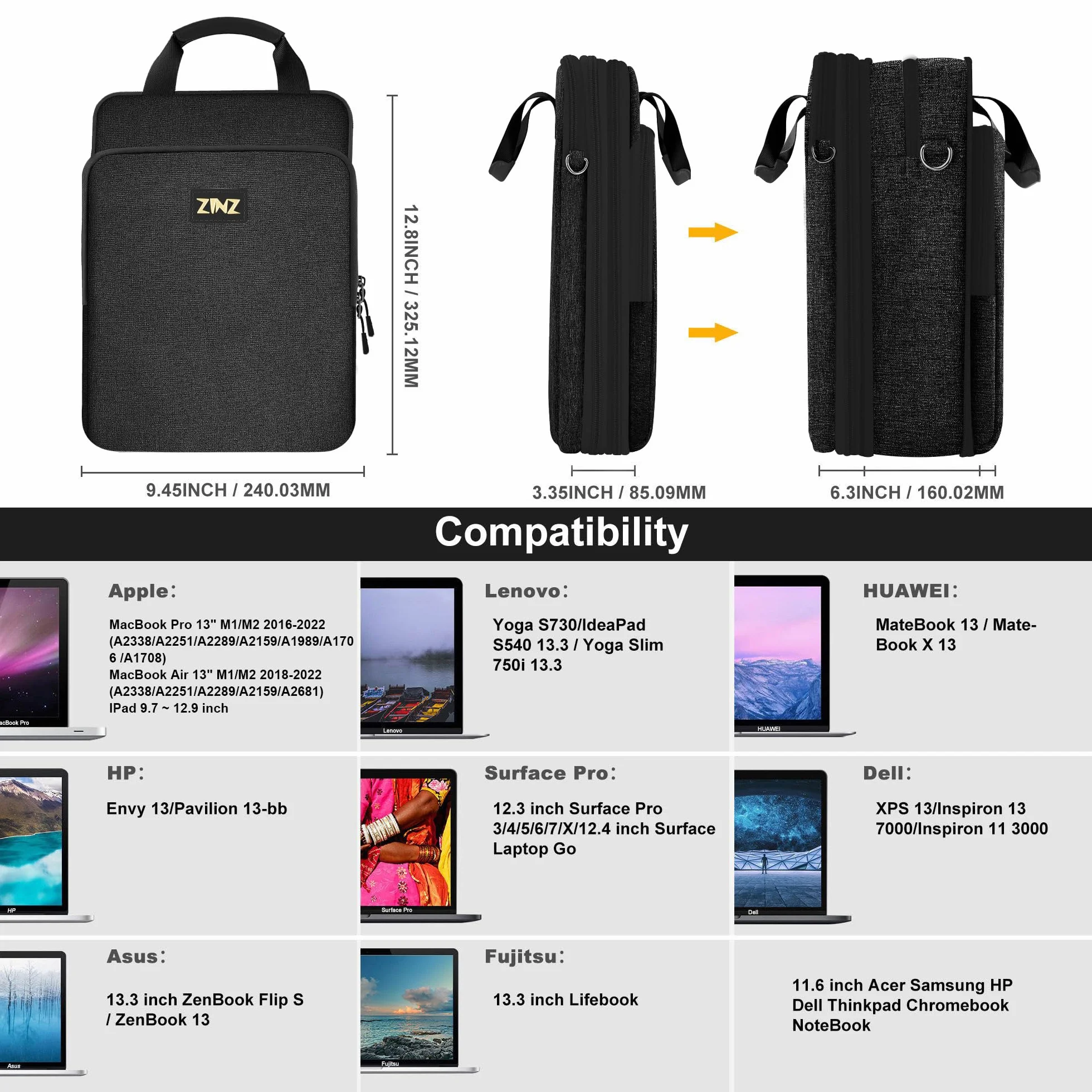 ZINZ Custodia per Laptop 12,9 13 Borsa a Spalla, Borsa Espandibile con Scomparto per Oggetti di Valore, Compatibile con MacBook Neo/Air/Pro 13" M5/M4/M3/M2/M1, iPad 12.9/13/11,B02K07