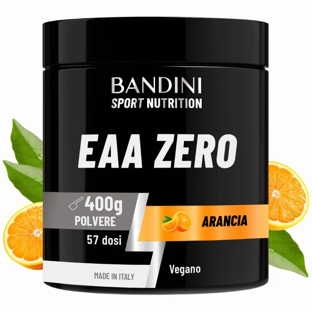 Bandini EAA Essential Amino in polvere 400 g 9 Amminoacidi Essenziali BCAA 2:1:1 Recupero Muscolare Vegan Gusto Arancia
