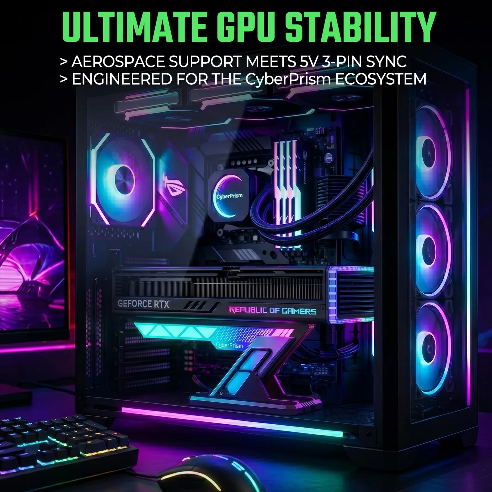 Supporto GPU ARGB, 75-125mm Supporto Scheda Grafica | Anti-sag per GPU triple slot, colonna in alluminio, base magnetica, ARGB 5V 3 pin, compatibile RTX 4090/5090