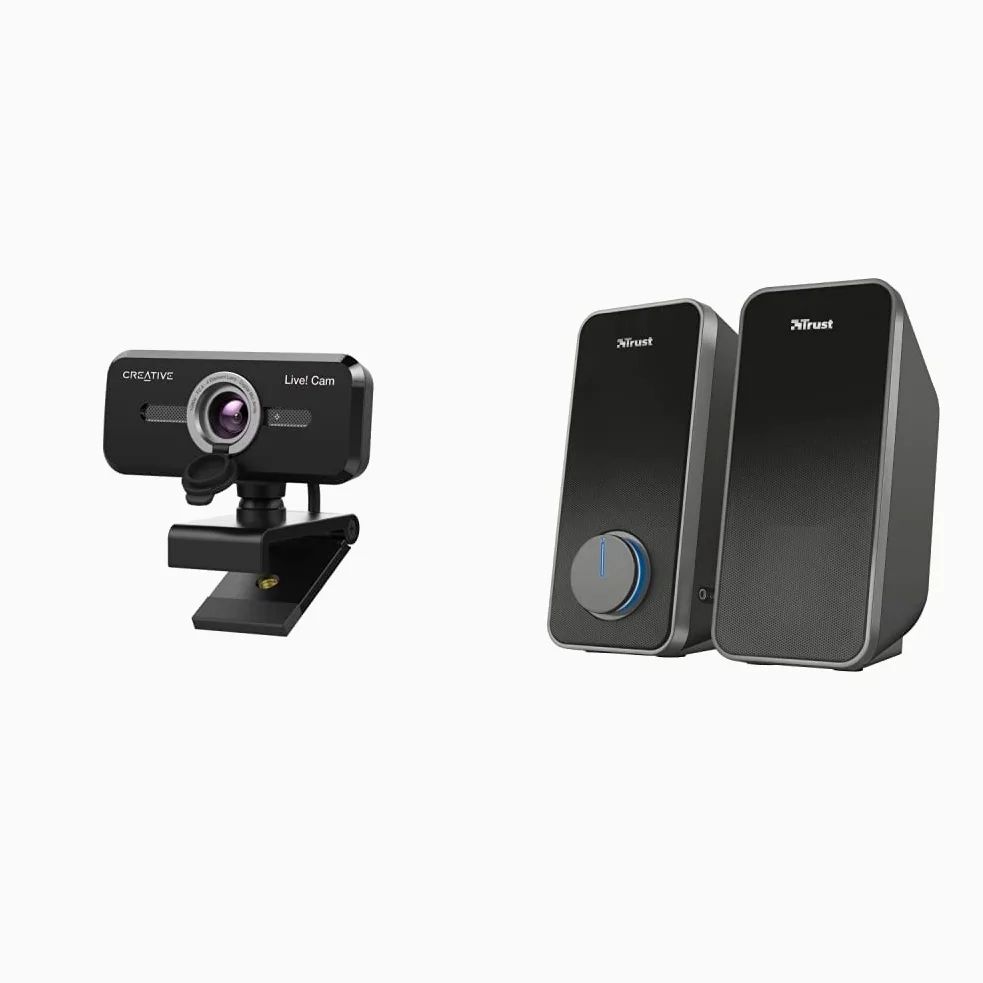 CREATIVE Live! Cam Sync 1080p V2 Full HD Webcam USB grandangolare con disattivazione automatica dell'audio e riduzione del rumore & Trust Arys Casse PC 2.0 Set Altoparlanti Stereo, 28 W, Nero