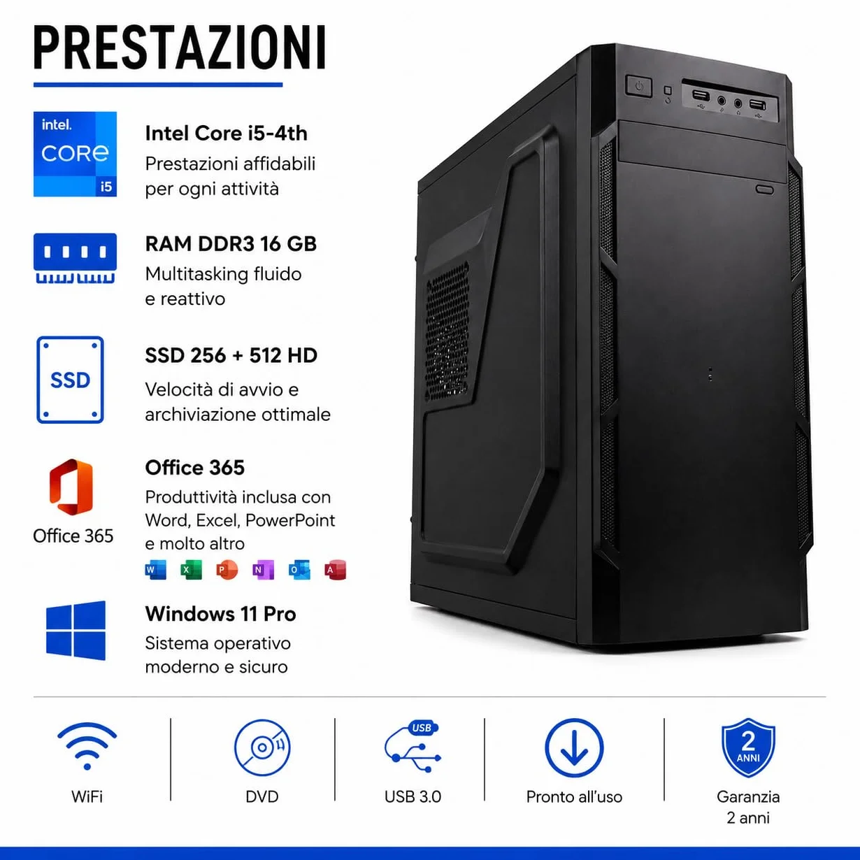 PC Fisso Desktop Intel Core i5-4th 16GB RAM DDR3 256GB + 512GB HDD Windows 11 Pro Office 365 USB 3.0