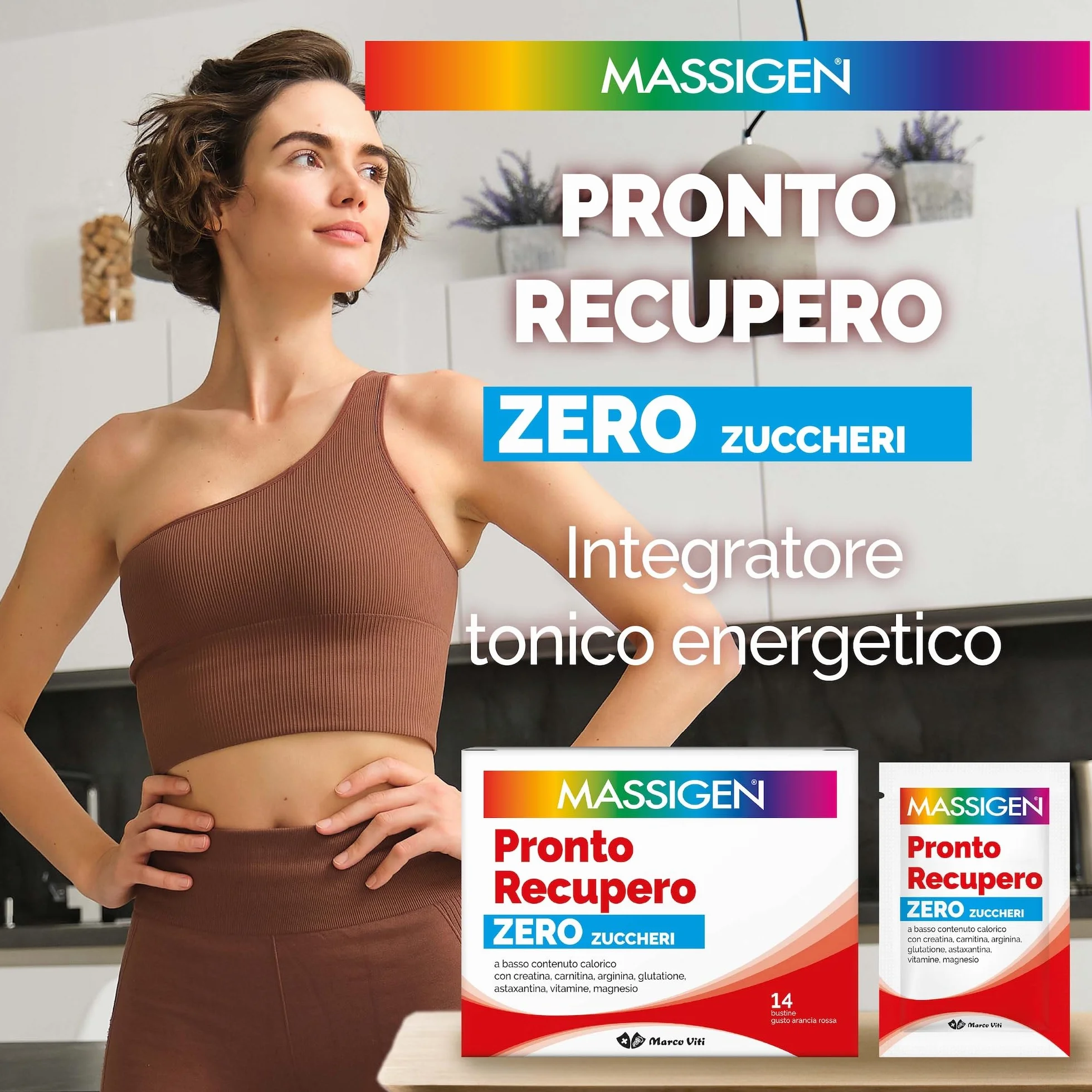 MASSIGEN Pronto Recupero Zero Zuccheri Integratore Tonico Energetico con Carnitina Creatina Arginina 14 Bustine
