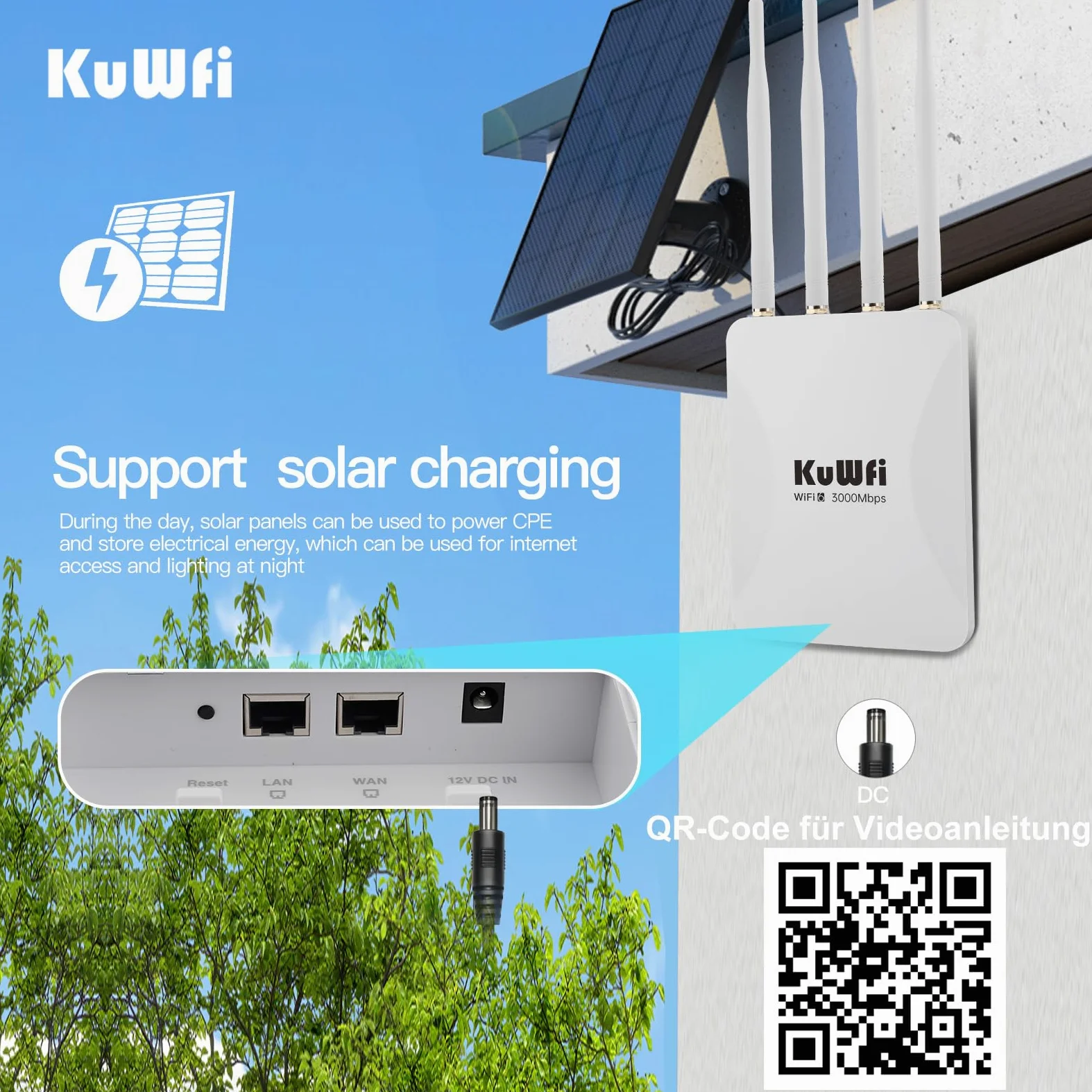 KuWFi Outdoor WiFi 6 Repeater & Extender, Punto di accesso WiFi 6 AX3000 Mbps 2,4 GHz e 5 GHz Point Bridge with 4 High Gain Antennas, Gigabit Port, Poe Powered, Supporto MU-MIMO, Seamless Roaming