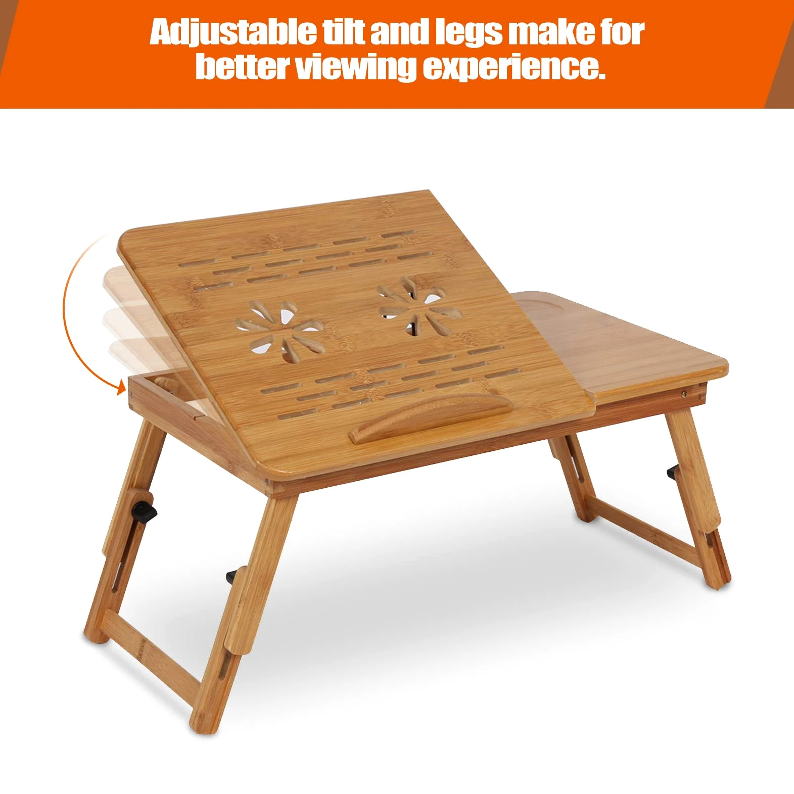 Scrivania per Letto Regolabile in Bambù Portatile con Supporto Antiscivolo Scanalatura per Tazza e Inclinazione Regolabile per Notebook Lettura