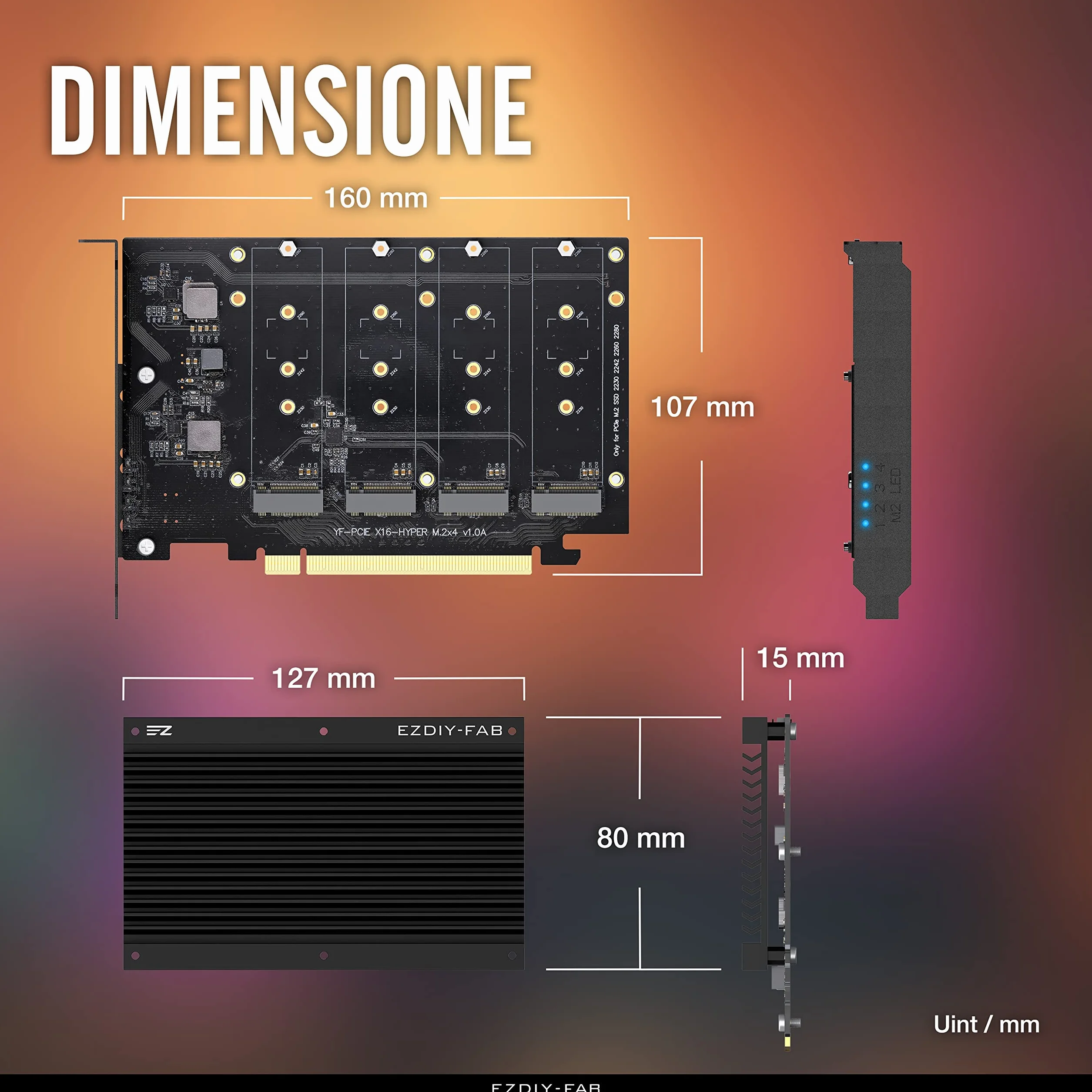 EZDIY-FAB Quad M.2 PCIe 4.0/3.0 X16 Scheda di Espansione con Dissipatore,Supporto di 4 SSD PCIe NVME M.2,RAID-on-CPU (VROC) in Piattaforma Intel e PCIe 4.0 RAID in Piattaforma AMD