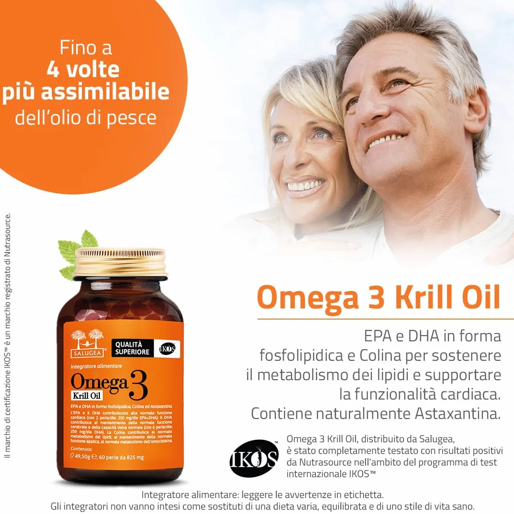 Salugea OMEGA 3 KRILL OIL IKOS 60 Perle Olio di Krill Antartico EPA DHA Astaxantina Colina