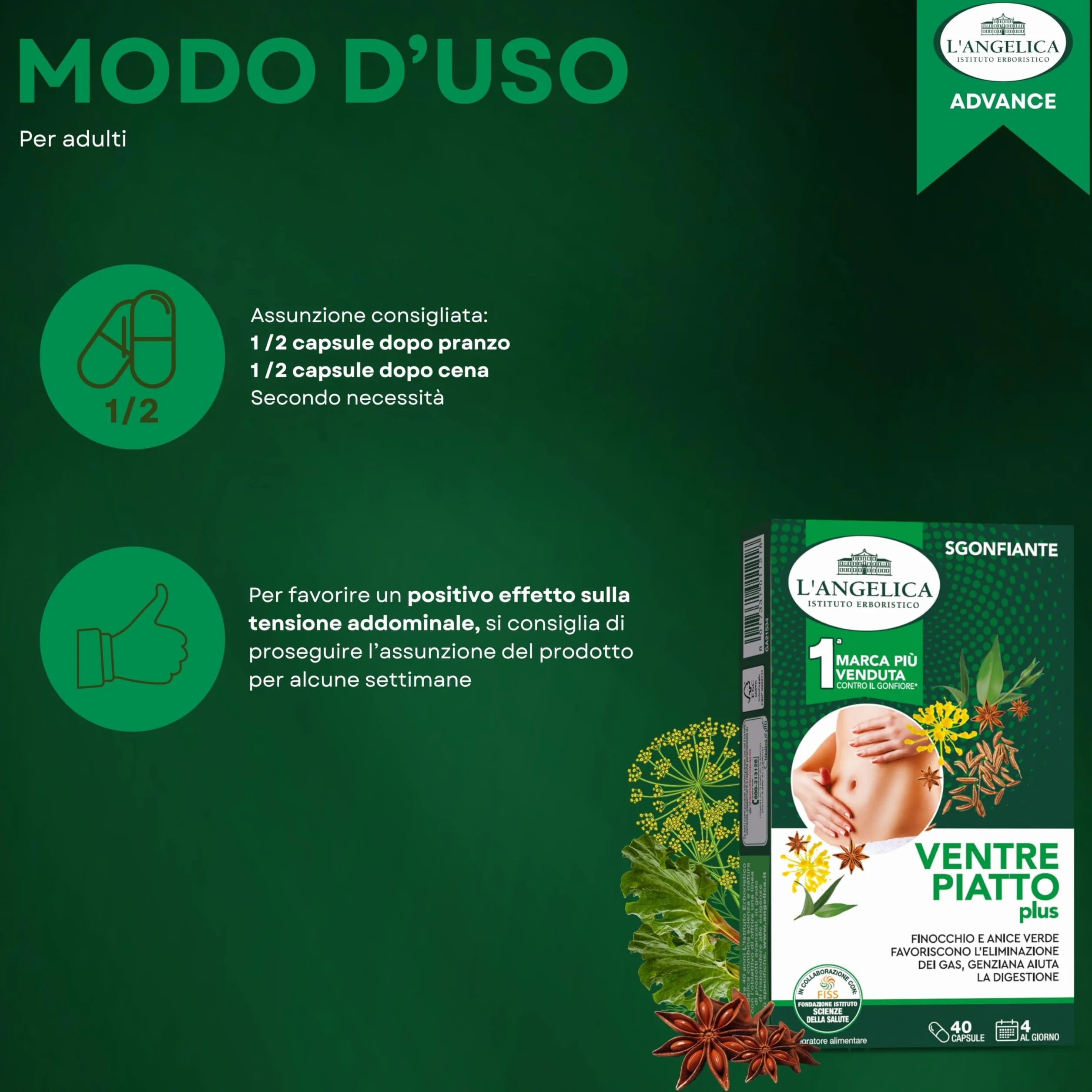 L'Angelica Ventre Piatto Plus Integratore Sgonfiante Anice Verde Finocchio Carvi Vegano 40 Capsule