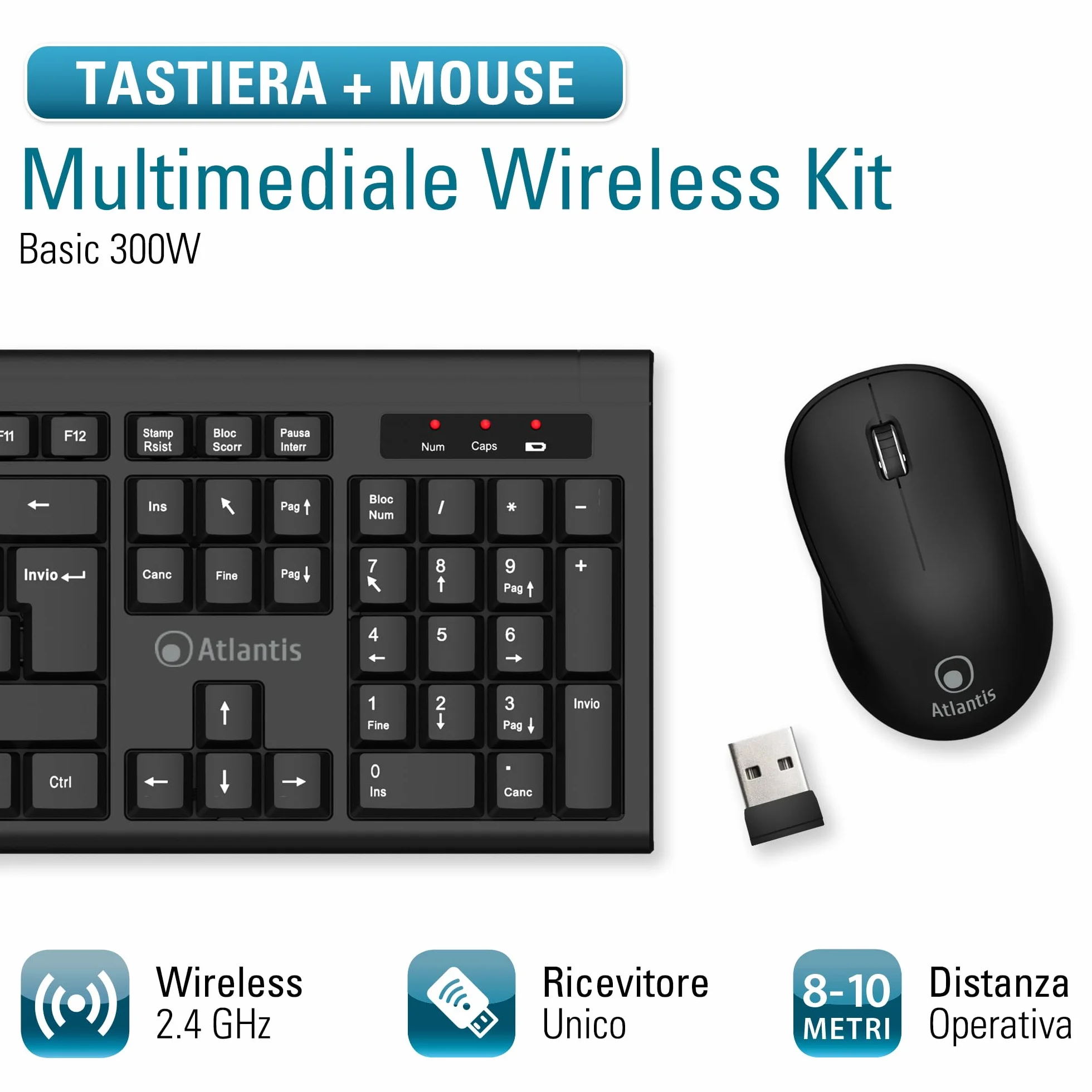 Atlantis Combo Kit Tastiera e Mouse Wireless senza fili, Multimediale, Layout Italiano QWERTY, 9 Tasti di scelta rapida, per PC/Laptop/Notebook, ricevitore USB unico, cod. P013-AX280G+M, Nero.
