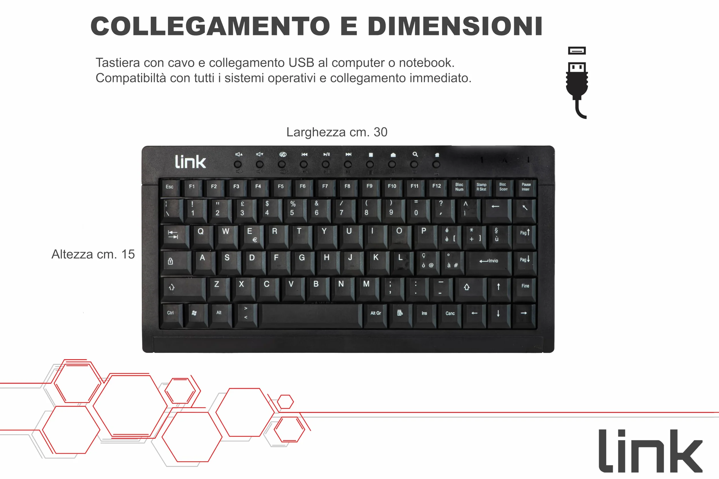 LINK LKTAST04 Mini Tastiera Multimediale USB per Spazi Stretti Applicazioni Industriali