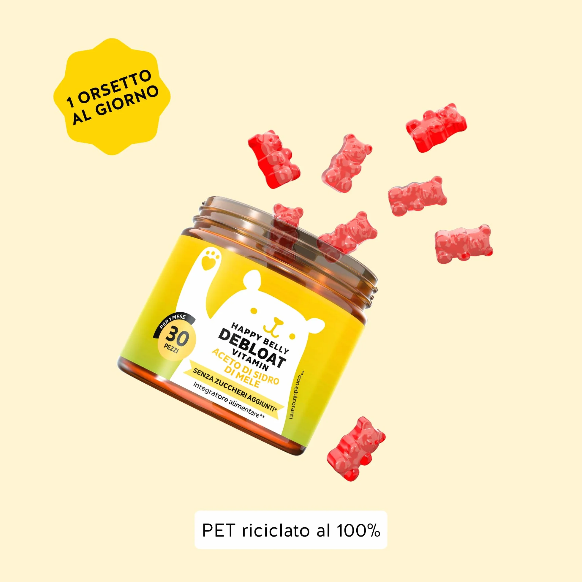 Happy Belly Debloat Aceto di Mele Gommose 7500mg Vitamina B6 B12 30 Pezzi Senza Zuccheri Vegano