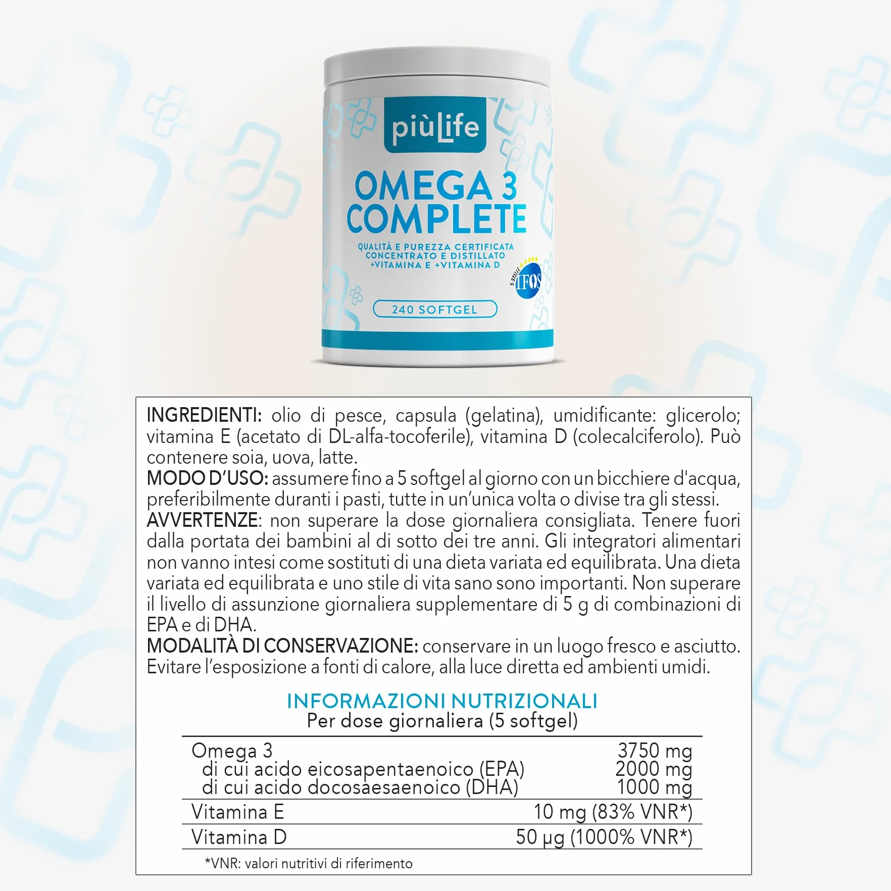 Omega 3 IFOS 5 Stelle Certificato Con Vitamina D3 2000 UI PiùLife, 240 Softgel 2000mg EPA, 1000mg DHA Olio di Pesce