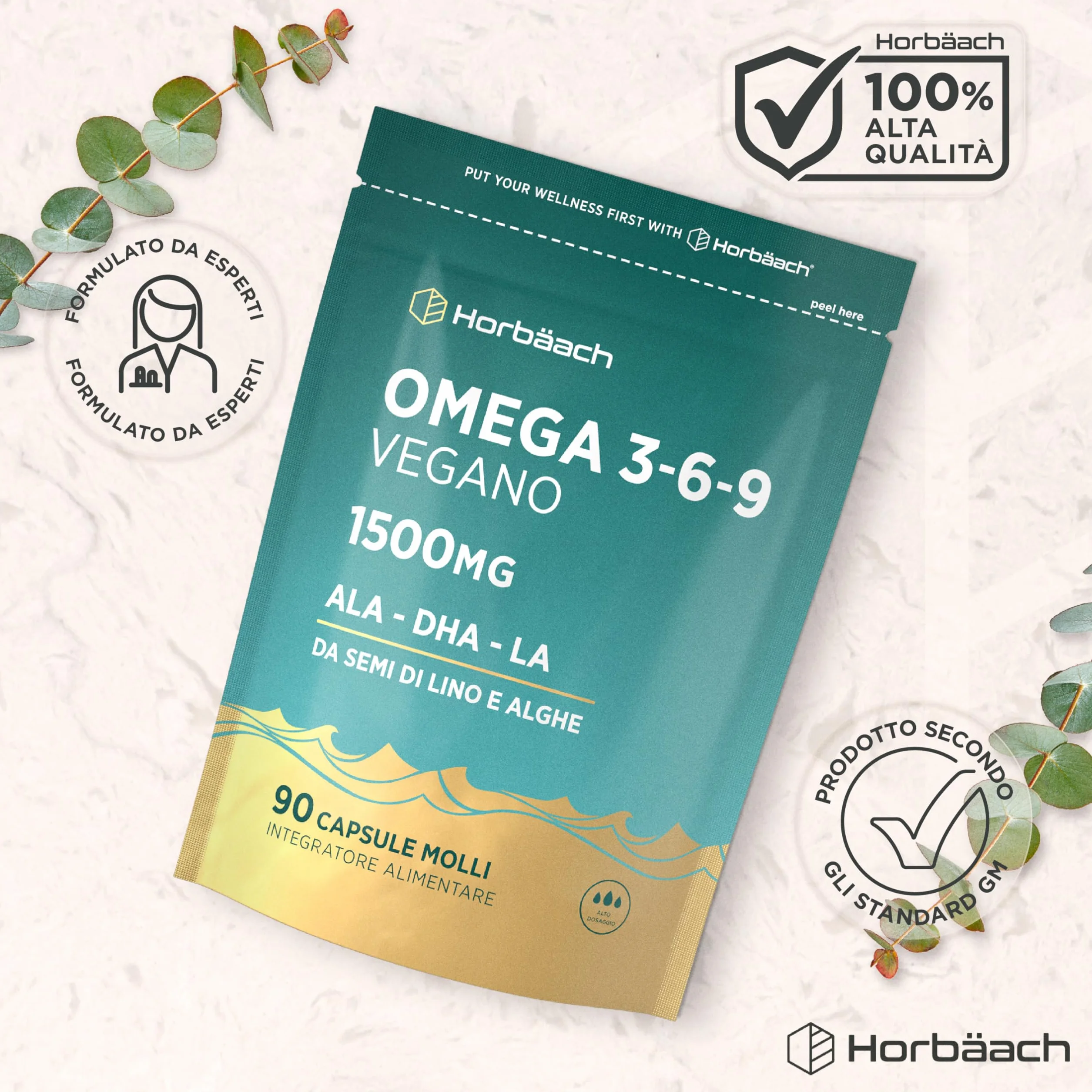 Omega 3 6 9 Vegan 1500mg 90 Capsule Integratore Alimentare con Acidi Grassi ALA DHA Horbaach