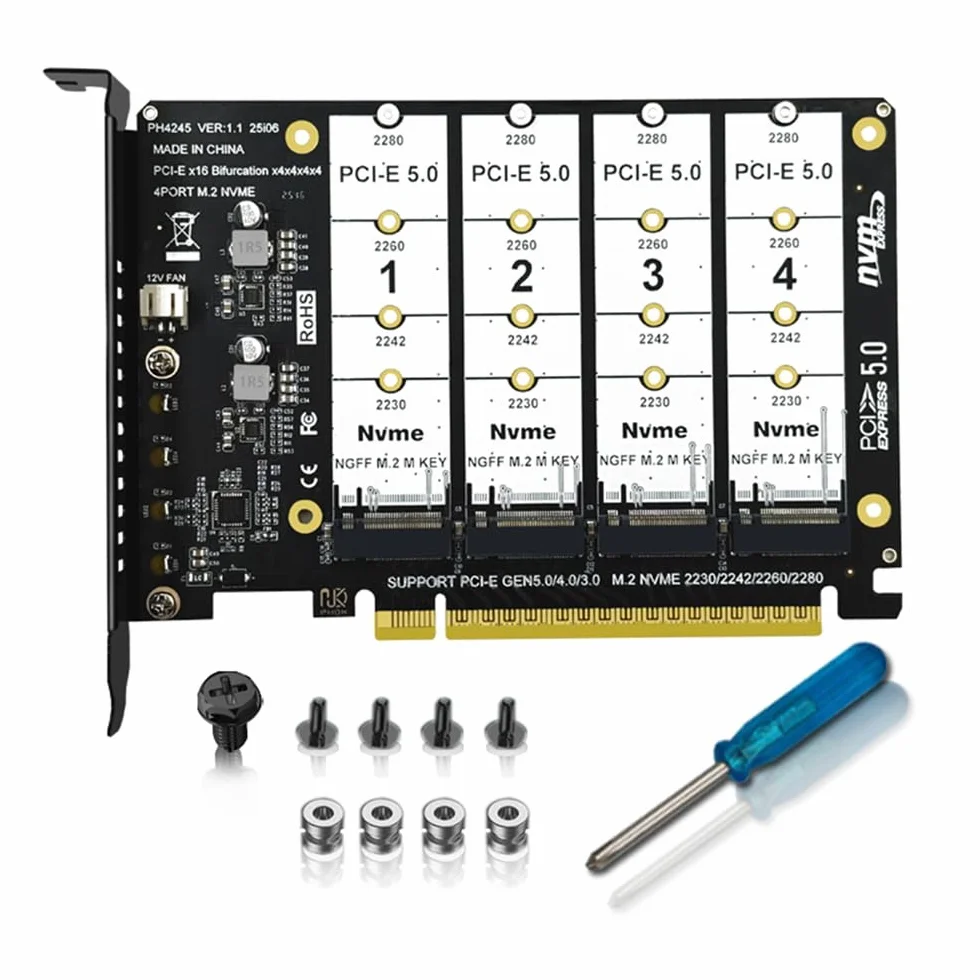 xiwai Adattatore SSD NGFF 4X NVME M-Key M.2 per scheda Raid PCIE Express 5.0 Gen5 Gen4 X16 con biforcazione staccabile VROC Raid0 Hyper