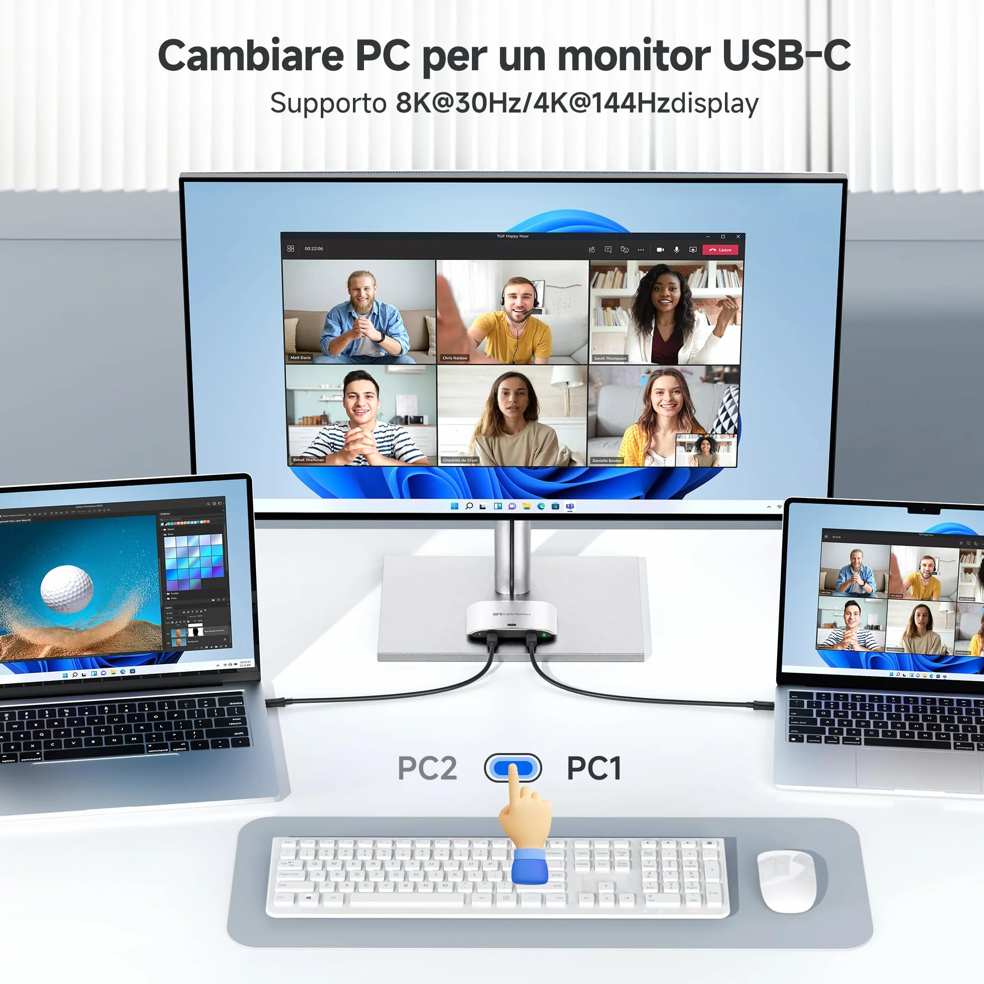 Cable Matters Switch USB C da 20 Gbps per 2 computer, PD da 140 W, fino a 8K@30Hz su Windows, 4K@60Hz su macOS, condivisione di un monitor o dock USB-C/Thunderbolt 4 (non per dock con cavo collegato)