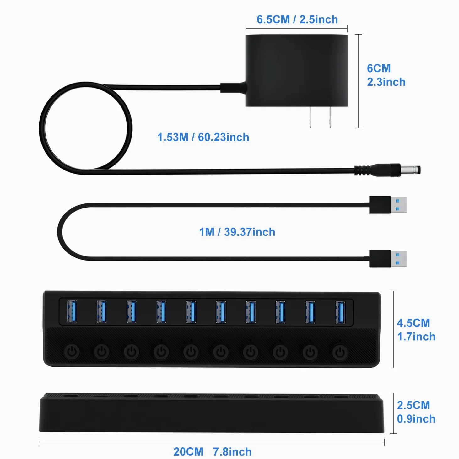 ONFINIO Hub USB 3.0, hub splitter USB a 10 porte con interruttori on/off individuali e adattatore di alimentazione 12V/2A estensione USB