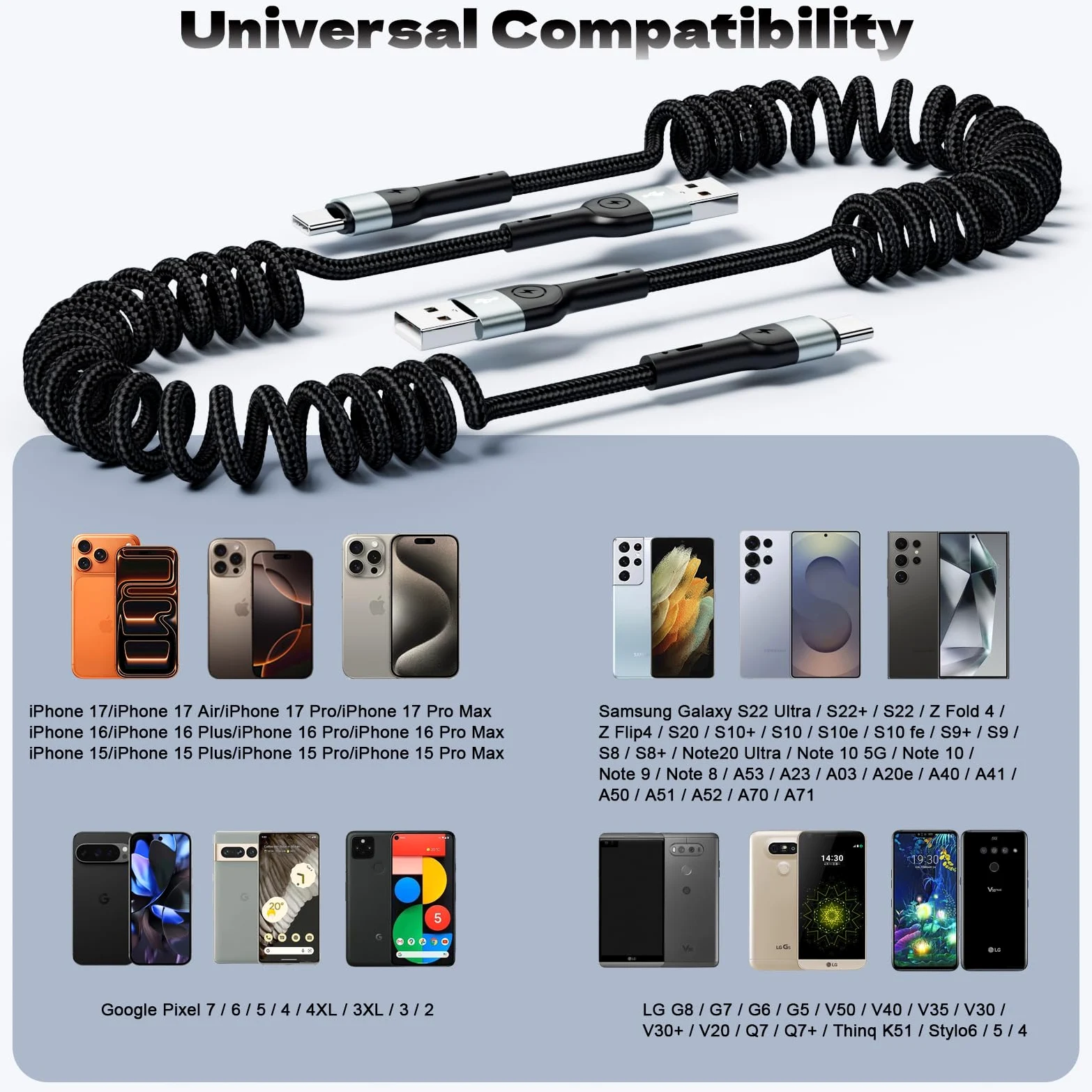 Cavo da USB A a USB C, confezione da 2, 1,2 m, cavo a molla retrattile a spirale, ricarica rapida per Apple CarPlay, compatibile con iPhone 17, 16, 15, Samsung Galaxy, Google Pixel, LG