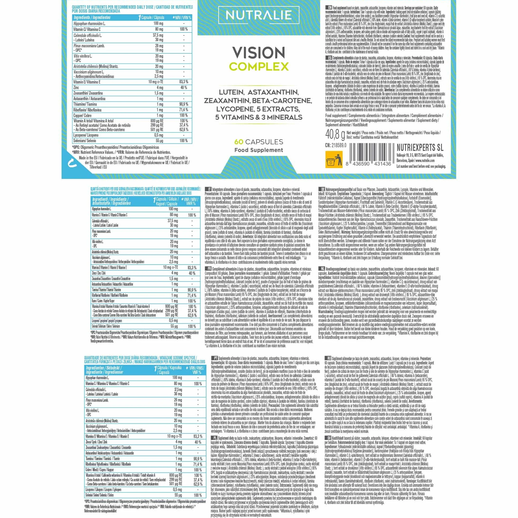 Nutralie Vision Complex Luteína + Zeaxantina + Astaxantina - 60 Capsule per gli Occhi
