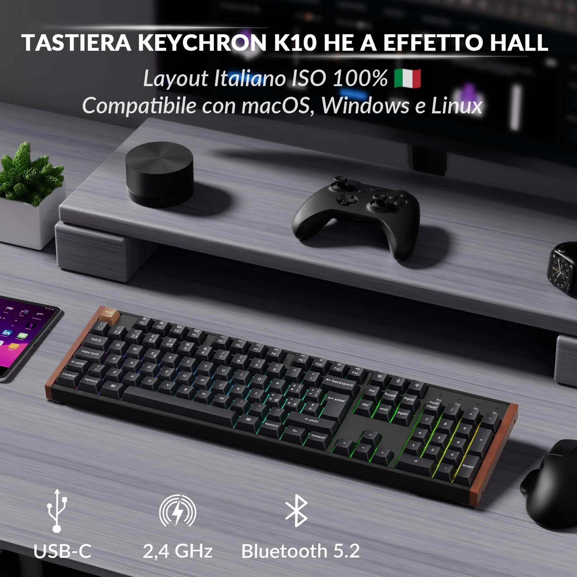 Keychron K10 HE Tastiera Wireless Magnetici Layout Italiano ISO 2.4GHz Bluetooth 5.2 Alluminio Legno RGB Interruttori Effetto Hall