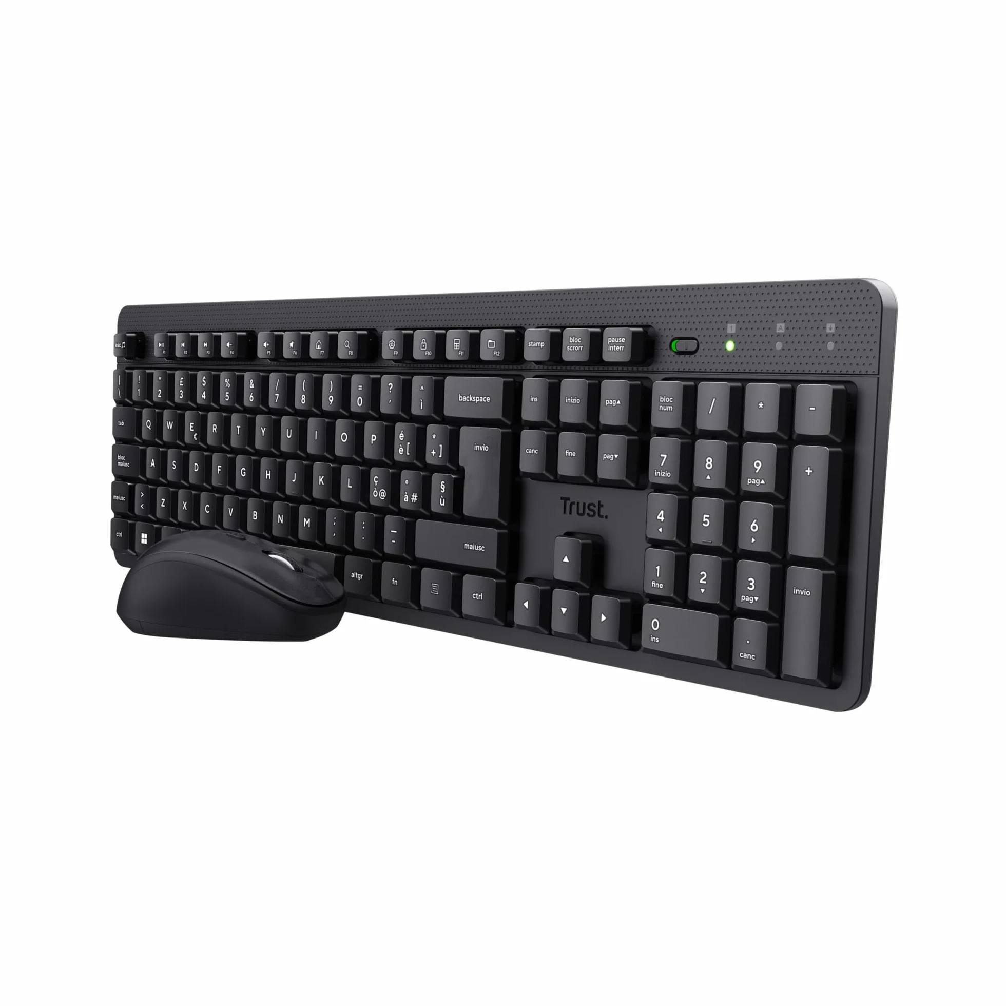 Trust Ymo II Set Tastiera e Mouse Wireless Silenziosi Italiano QWERTY, Tasti a Profilo Ribassato, Resistente agli Sversamenti, Unico Ricevitore USB, Nero