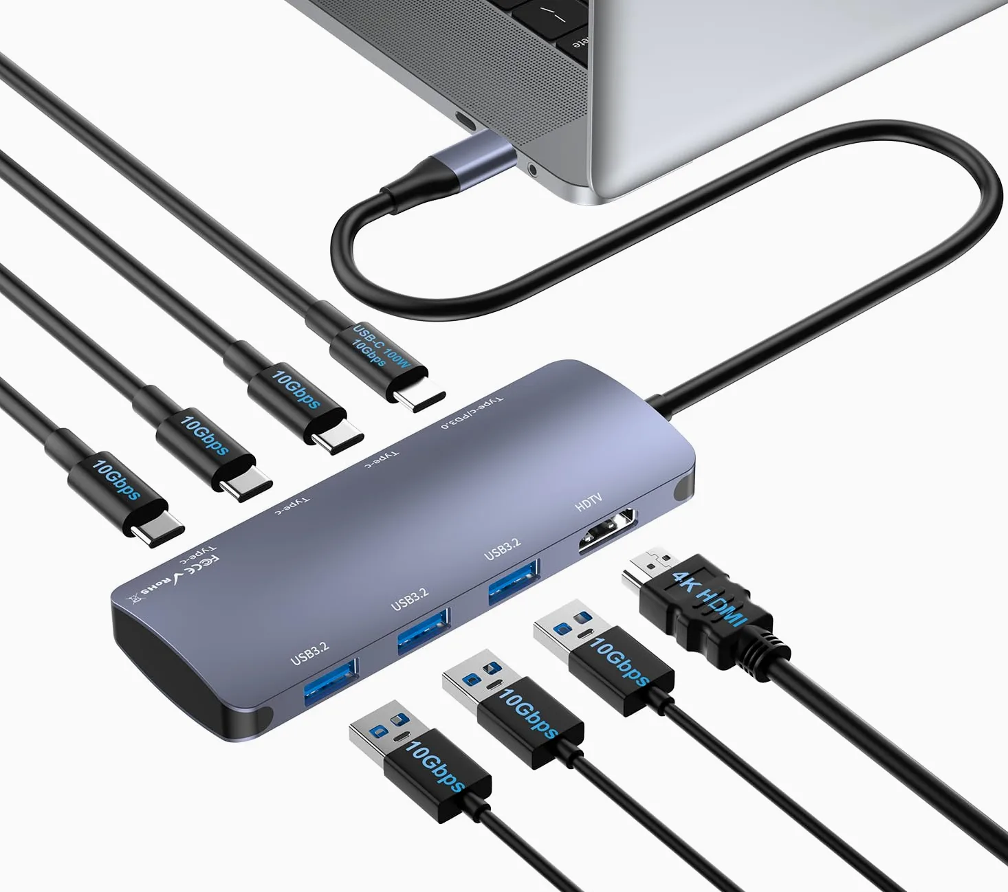 Hub USB-C 8-in-1 con HDMI 4K, 10Gbps USB C Hub con 4K@60Hz Video, 100W PD Ricarica, 7×10Gbps(4×USBC3.2 & 3×USB 3.2), Docking Station per MacBook Pro/Air, iPad Pro, Dell, HP e Altro
