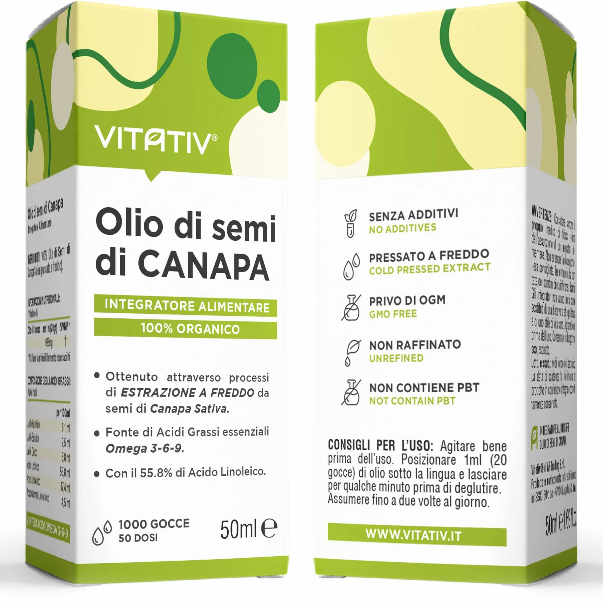 Olio di Canapa Puro 50ml Fonte Vegana di Omega 3 6 9, Vitamine e Minerali - Olio di Semi di Canapa Pressato a Freddo