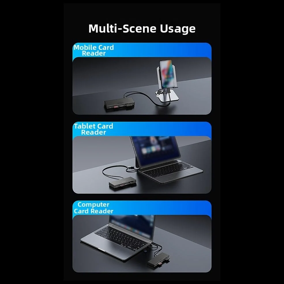 Lettore di schede in alluminio 5x USB 3.2 per fotocamera per sd alluminio | Supporta CFeA, CFeB, per SD, TF, USB 3.2, velocità 10 Gbps e play, nessun driver necessario