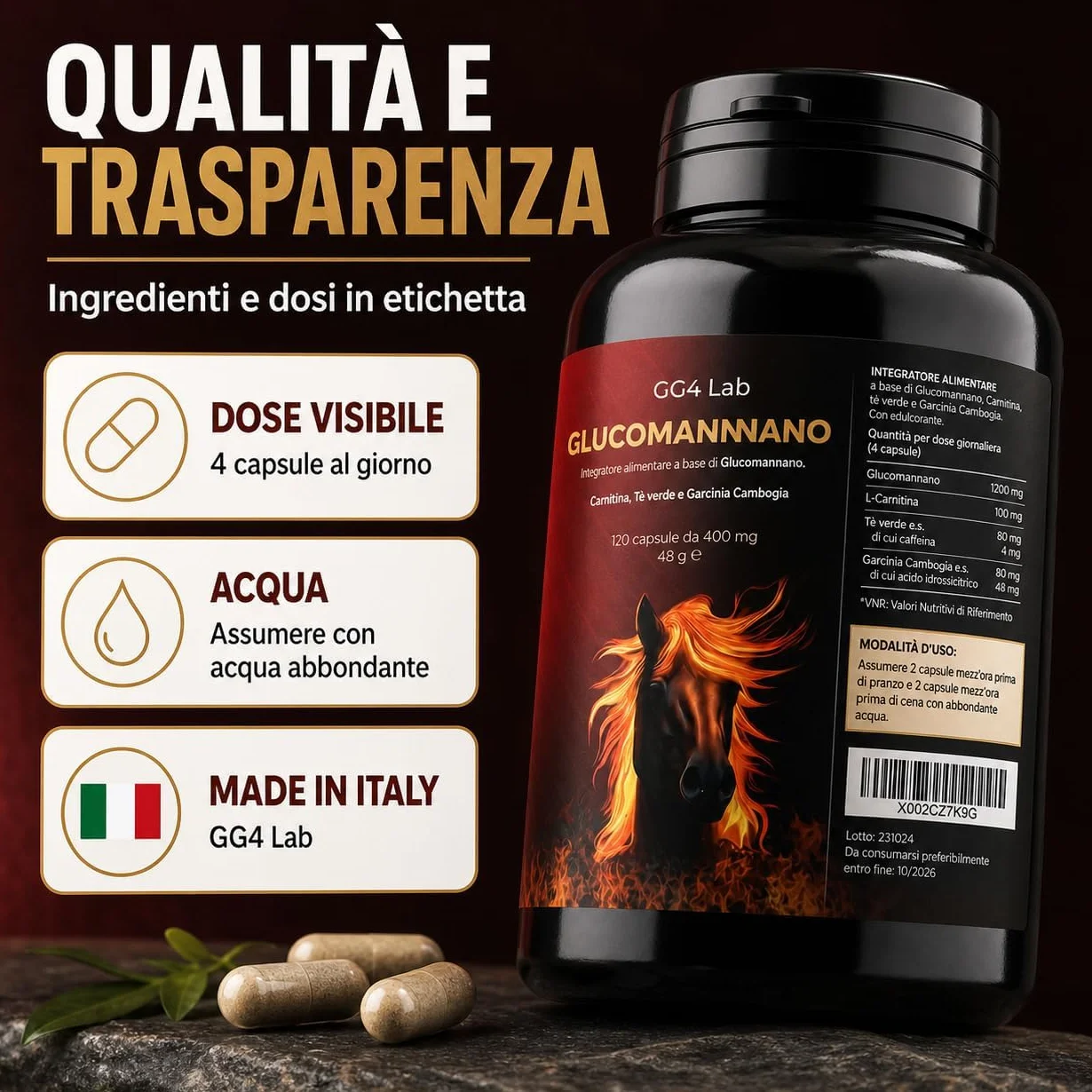 GG4Lab Glucomannano Konjac 1200mg 120 Capsule Fibra Saziante con L-Carnitina e Tè Verde Vegano Senza Glutine