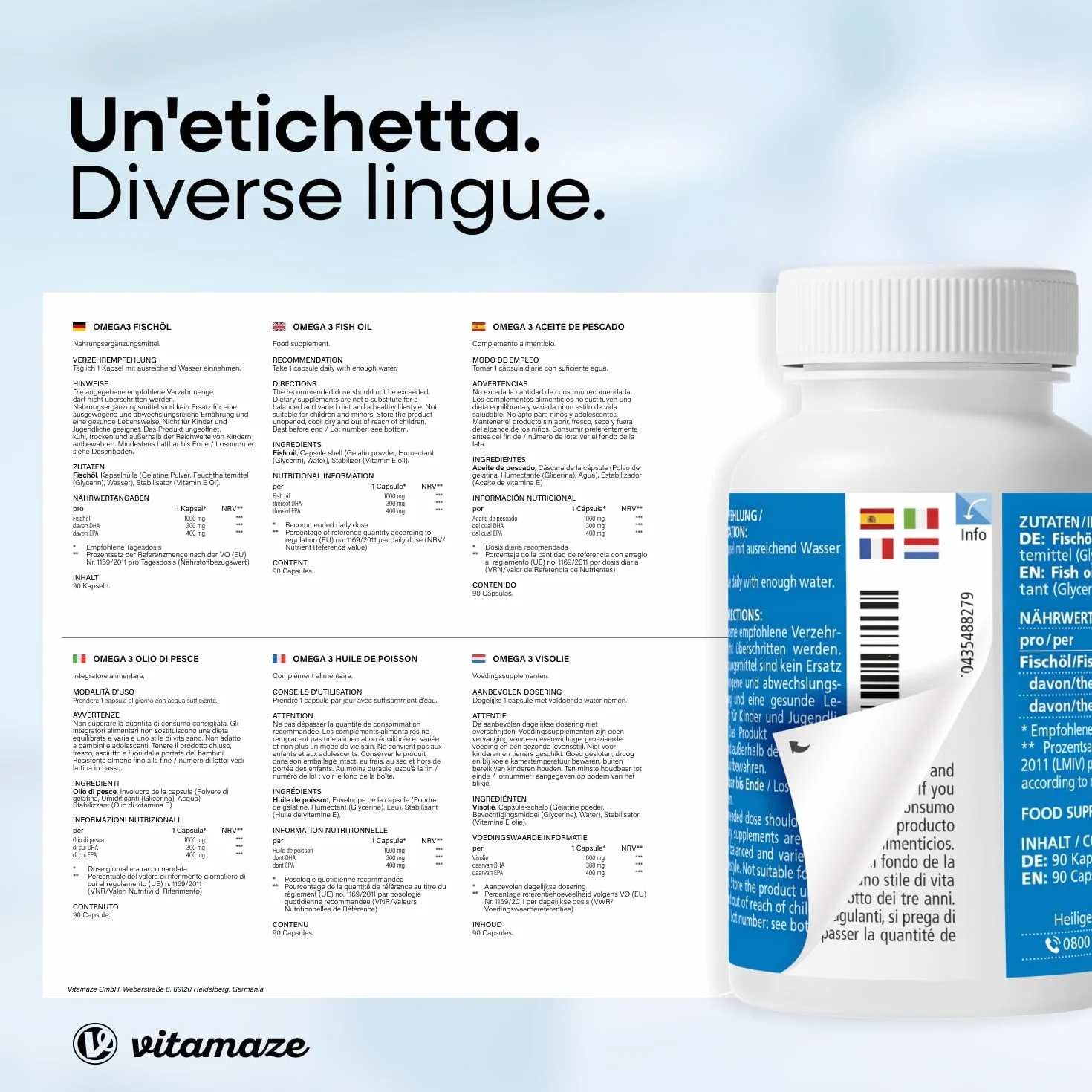 Vitamaze Omega 3 1000mg per Capsula Alto Dosaggio Olio di Pesce EPA 400mg DHA 300mg FOS Certificato