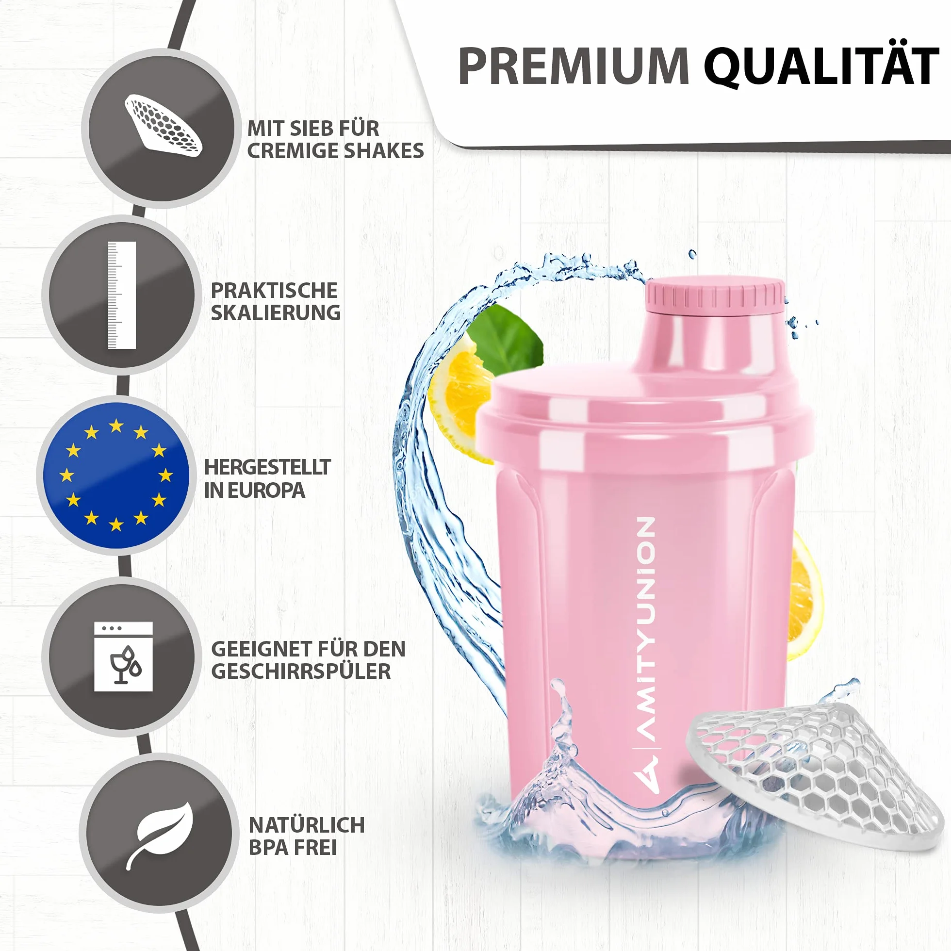 AMITYUNION Shaker proteine 300 ml Heaven a prova di perdite senza BPA con setaccio e scala