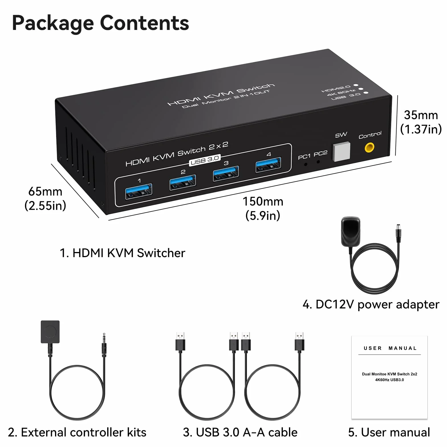 VPFET HDMI KVM Switch 2 PC 2 Monitor 4K60Hz KVM Switch Dual Monitor con 4 Porte USB Supporto Copia ed Estesa Visualizzazione e Controllo Desktop Incluso 2 Cavi USB3.0