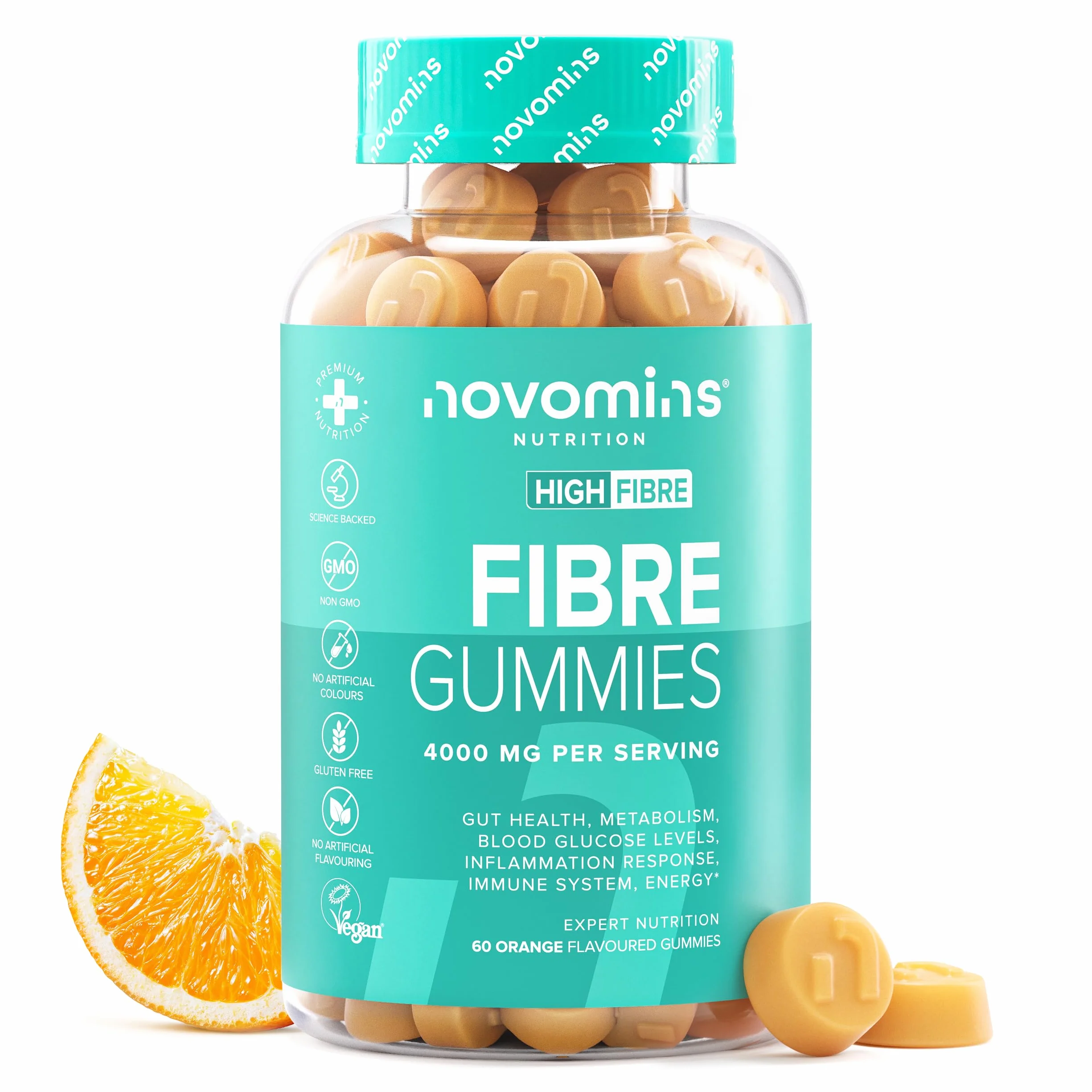 Novomins Fibre Gommose 4000 mg Inulina con Calcio, Cromo, Vitamina D e B12 - 60 Gommose Gusto Arancia