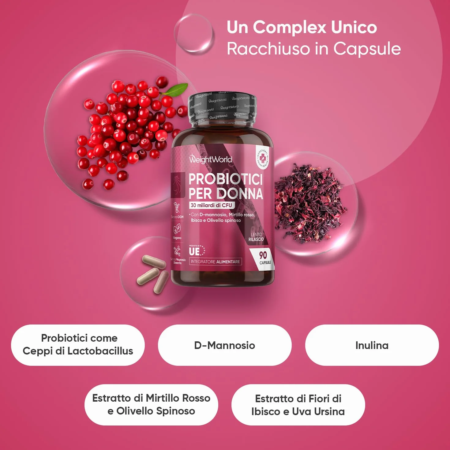 Probiotici Donna 30 Miliardi CFU, Lactobacillus Rhamnosus, Acidophilus, Inulina, 90 Capsule a Lento Rilascio