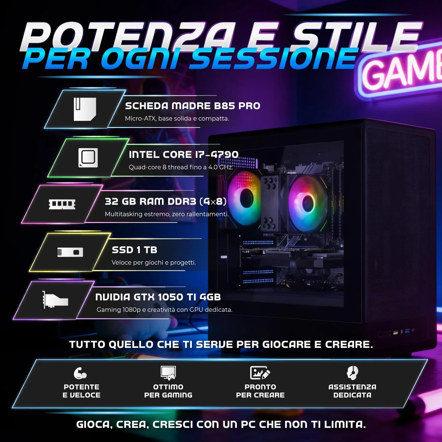 Nuwo PC Gaming Fisso i7 fino a 4GHz | 32GB RAM | SSD 1TB | GTX 1050 Ti 4GB | Windows 11 Pro Preinstallato | Computer Desktop Gaming | WiFi Ready | Crow