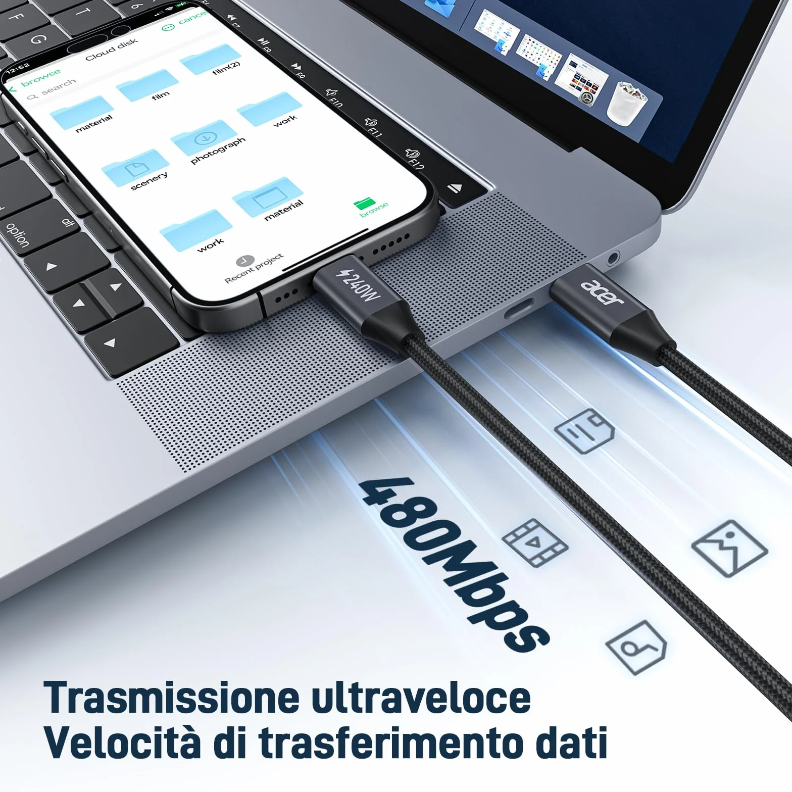 Acer Cavo USB C 240W 3m, Cavo USB C a USB C Carica rapida, Caricatore Tipo C Nylon Braided Compatibile con iPhone 17 16 Samsung S23 Ultra iPad Air MacBook Pro Google Pixel 7 ecc.