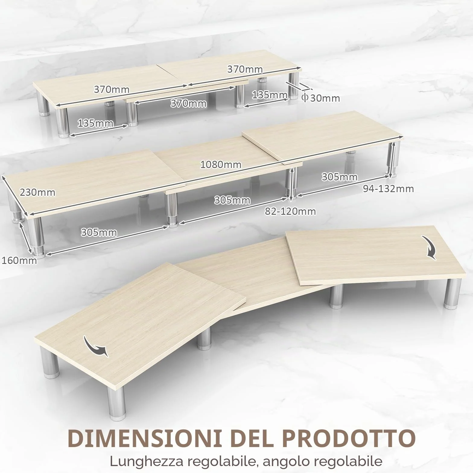 AX WABER Supporto per doppio monitor, Supporto per monitor con lunghezza e angolo regolabili, Supporto per monitor in legno per scrivania, Riser per 2 monitor con spazio di archiviazione Venatura
