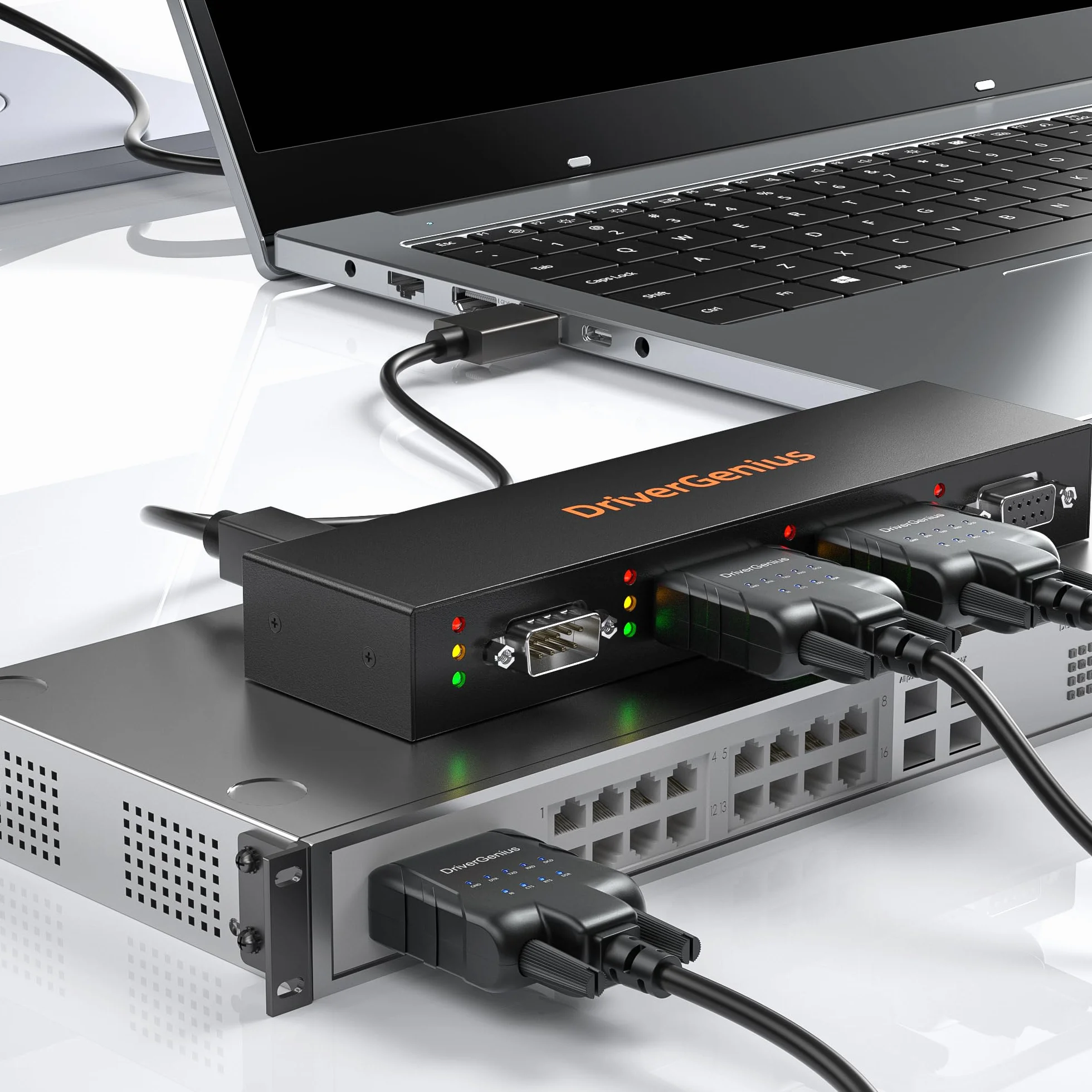 DriverGenius 4XRS232-D | Adattatore 4-Porte Seriale RS232-USB - 3+1 Convertitore da RS232 a USB 2.0 (3x DB9 Maschio + 1x DB9 Femmina), Metallo