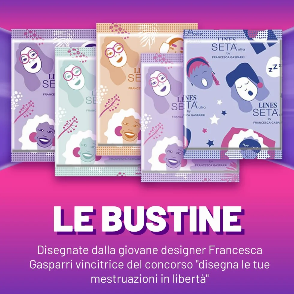 LINES SETA ULTRA NOTTE con ali, 64 assorbenti per ciclo mestruale, protezione notte, ipoallergenico, super assorbente