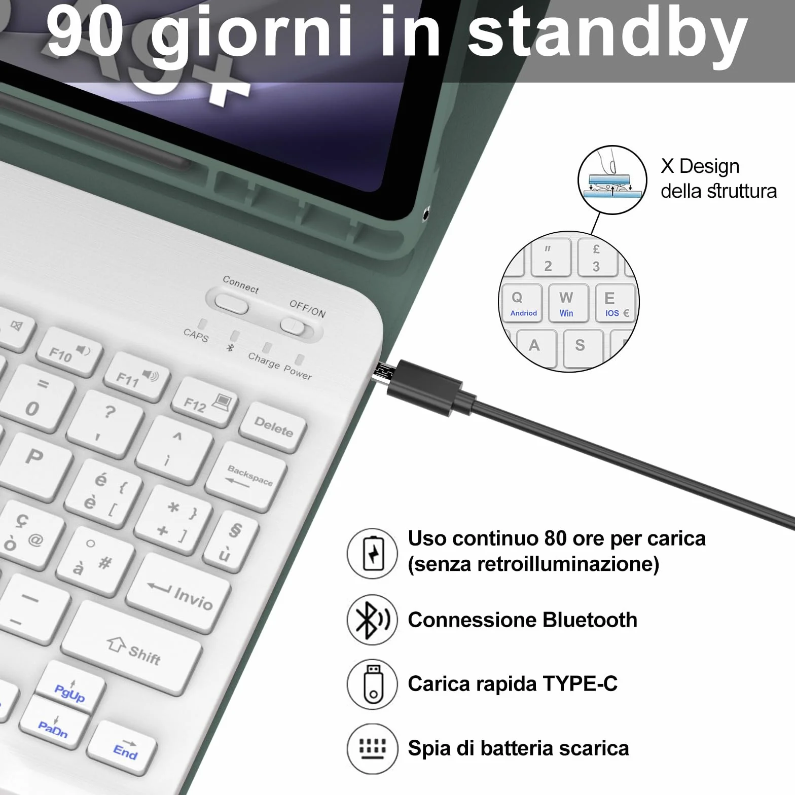 IVEOPPE Tastiera Samsung Galaxy A9 Plus 11" 2023, Cover Tastiera Italiano Bluetooth Rimovibile per Samsung Galaxy Tab A9+ 2023 11 Pollici SM-X210/X216/X218, Verde scuro
