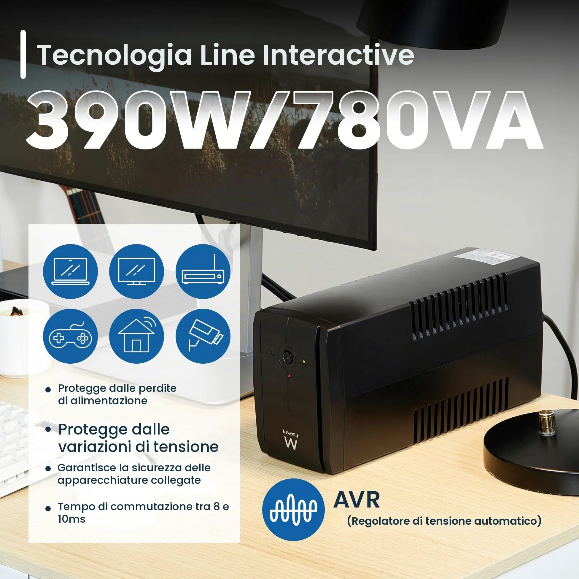 Ewent UPS Gruppo di continuità, Potenza 780VA (390W) 250V, Protezione da Sovratensioni,Sbalzi Corrente e Blackout, Autonomia 10 min, 2 prese Schuko EU, AVR Line Interactive per PC, Modem, Console