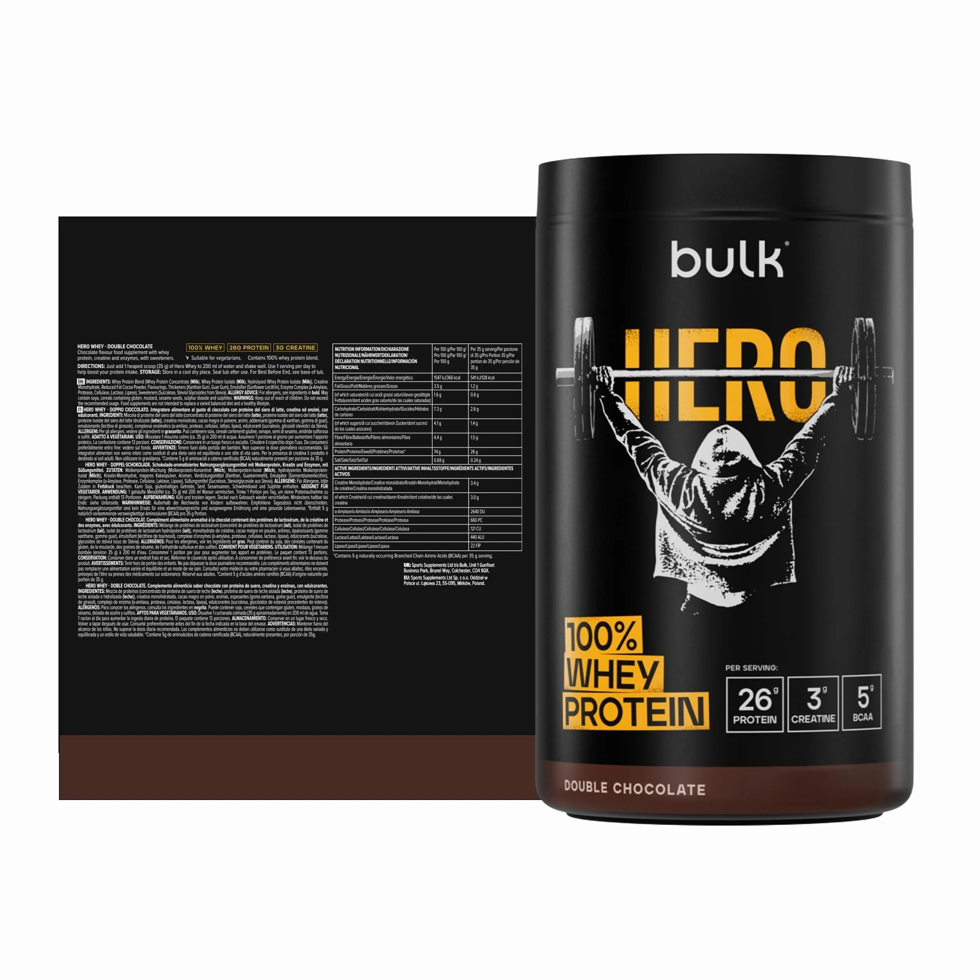 Bulk Hero Whey Protein Powder Double Chocolate 26 Servings 26g Protein 3g Creatine 5g BCAAs Low Sugar Fast Absorption Isolate Hydrolysed Concentrate Blend