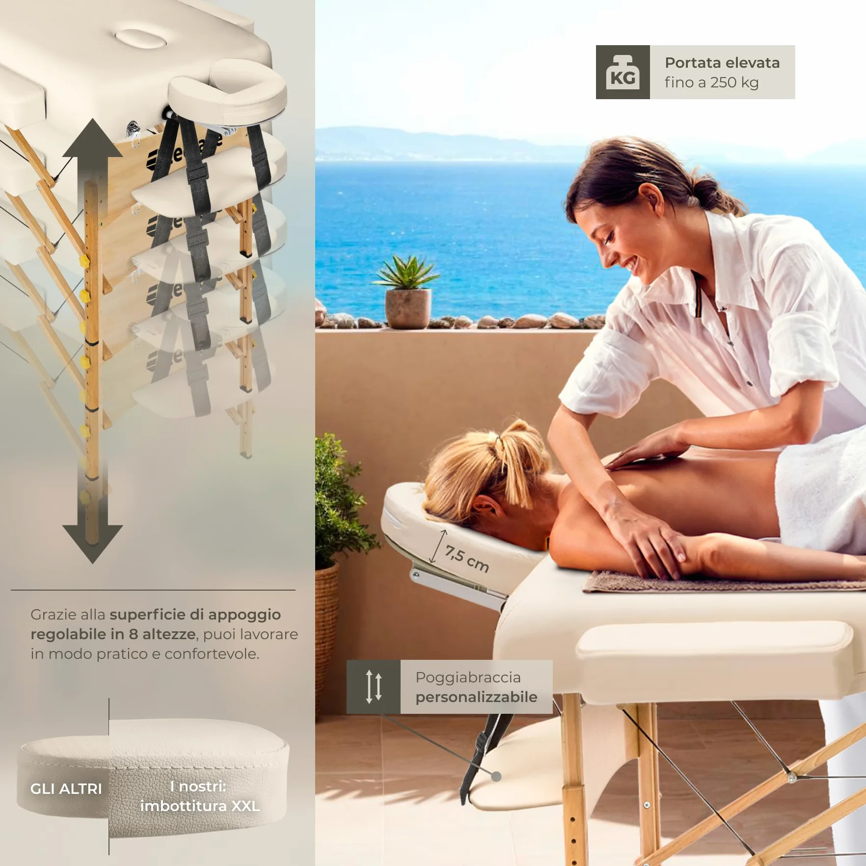 tectake Lettino da Massaggio Somwang Pieghevole Altezza Regolabile 250 kg Beige