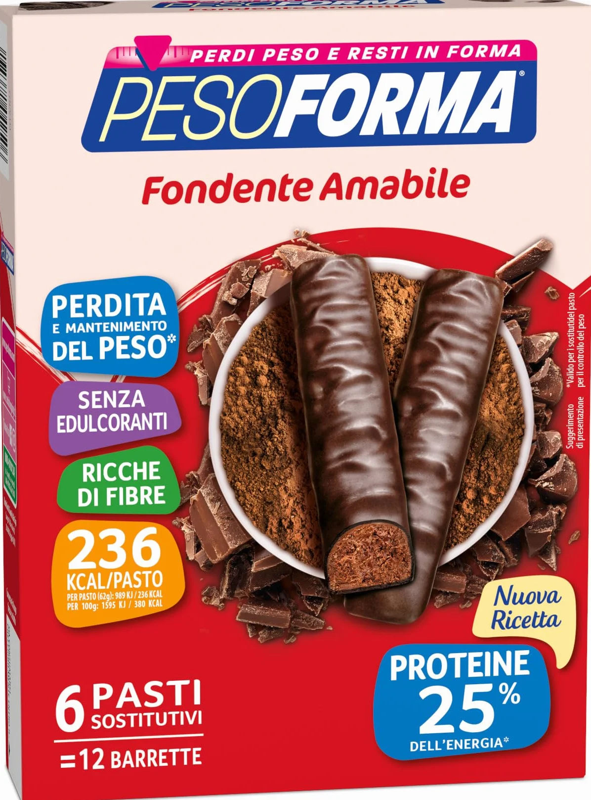 Pesoforma Barrette Cioccolato Fondente Amabile 236 Kcal Pasti sostitutivi dimagranti Ricco in proteine 6 pasti