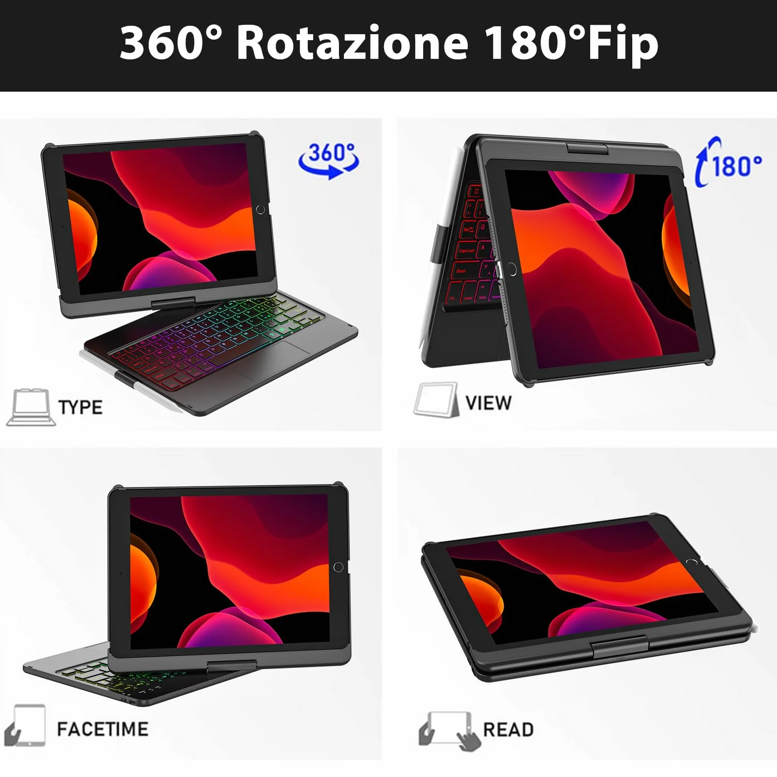 SZO Tastiera per iPad 9 Generazione 10.2 Custodia, Cover per iPad 9a/8a/7a Generazione, 360°Touchpad Flip Cover Rigida Custodia, Tastiera Bluetooth Wireless 7 Retroilluminazione, Auto Sleep/Wake, Nero