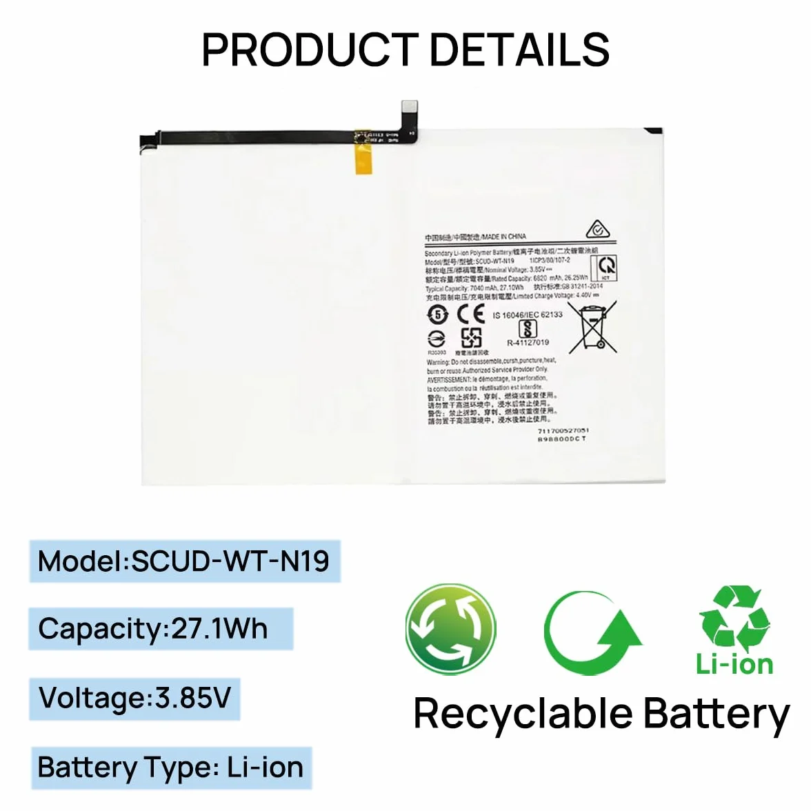 SCUD-WT-N19 - Batteria di ricambio compatibile con Samsung Galaxy Tab A7 10.4 2020 SM-T500 SM-T500 SM-T500N