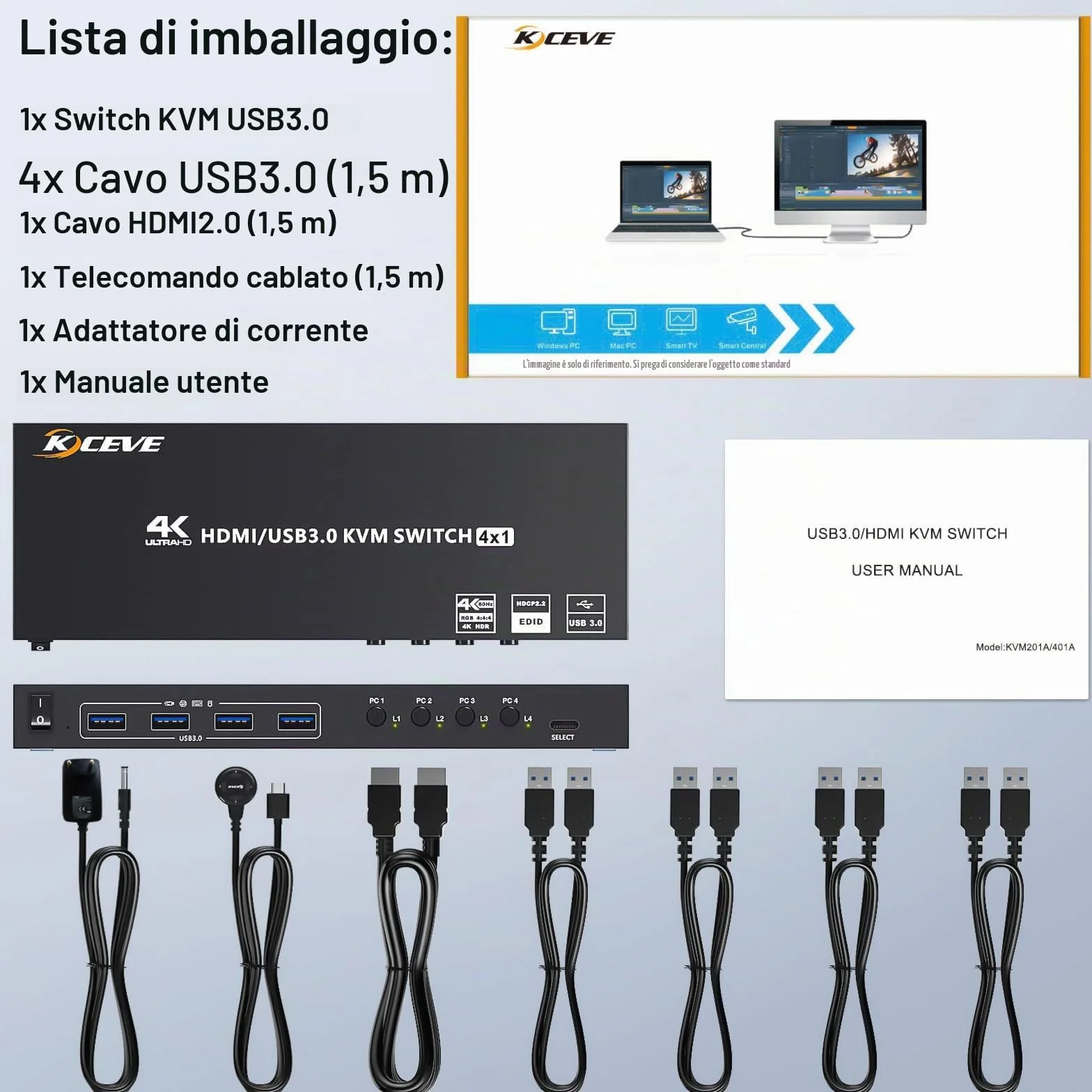 Switch KVM USB 3.0 HDMI 4 PC 1 Monitor, 4K@60Hz EDID Simulato 4 Porte Commutatore KVM, KVM Switch Condividi 4 Sispositivi USB 3.0 Tastiera Mouse Senza Fili Stampante, con 5 Cavi e Telecomando Cablato