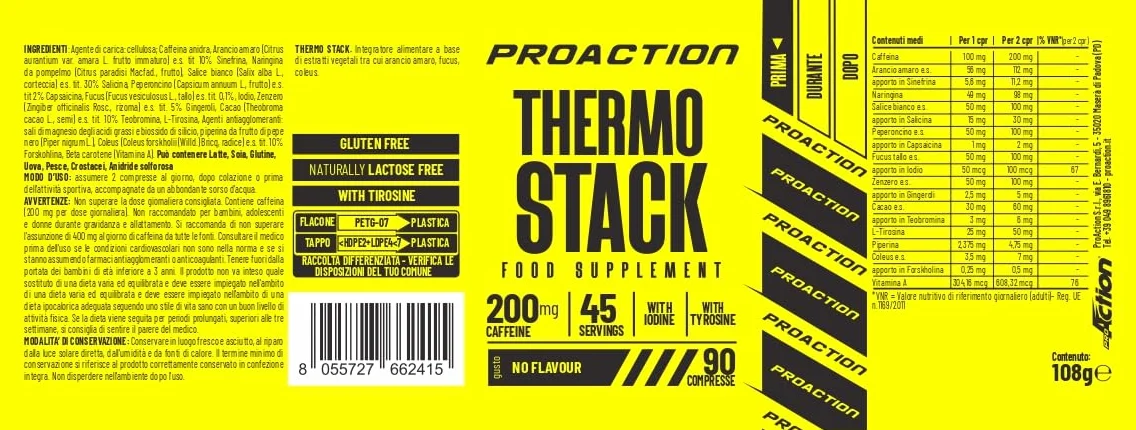 ProAction Thermo Stack Integratore Alimentare Compresse Caffeina L-Tirosina Estratti Vegetali 45 Porzioni 90 cpr
